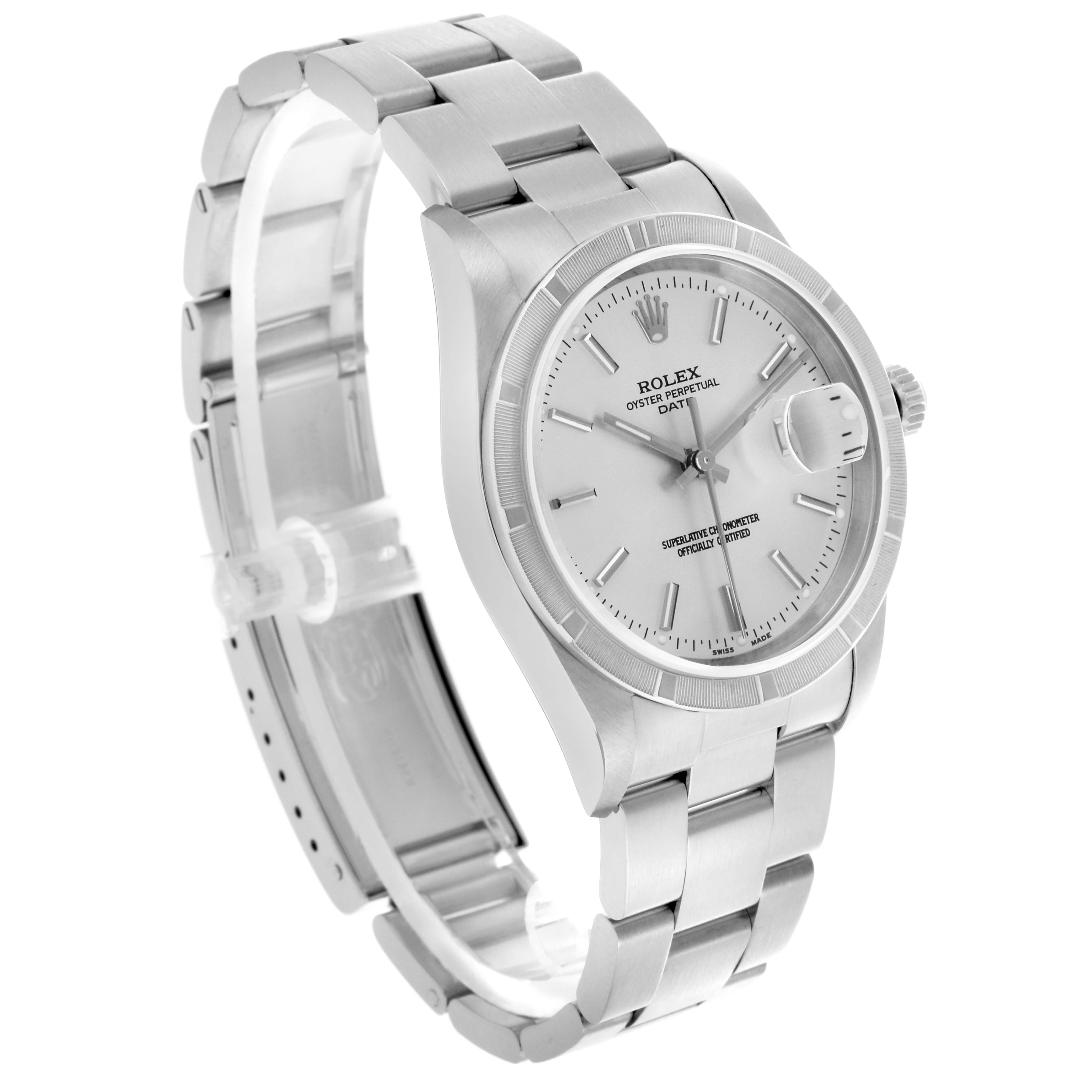 The Rolex Date 15210 Men's Stainless Steel Silver Dial 15210 Men's Stainless Steel Silver Dial watch is shown at a three-quarter angle, highlighting the face, bezel, and partial bracelet.