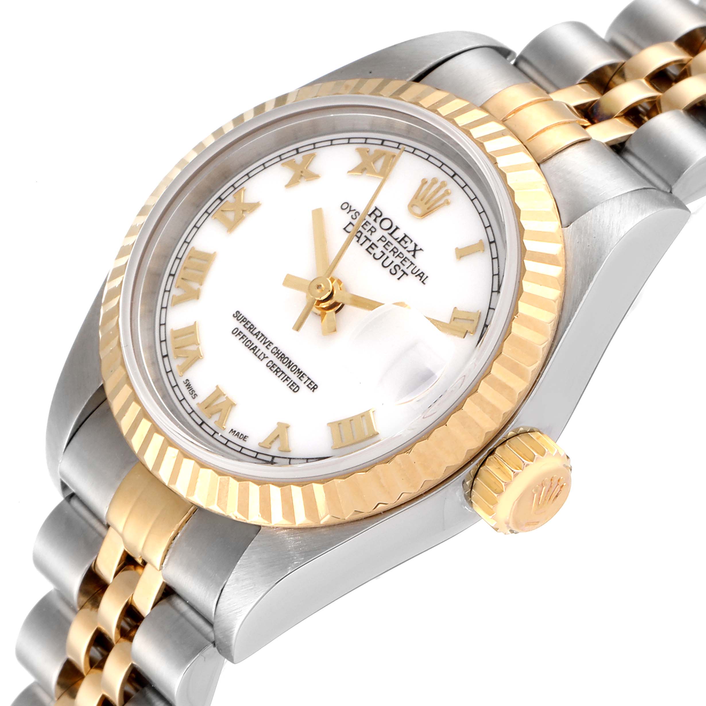 The image shows a close-up side angle of a Rolex Datejust 79173 Women's Steel and Gold (two tone) White Dial 79173 Women's Steel and Gold (two tone) White Dial watch, highlighting its dial, bezel, crown, and part of the bracelet.