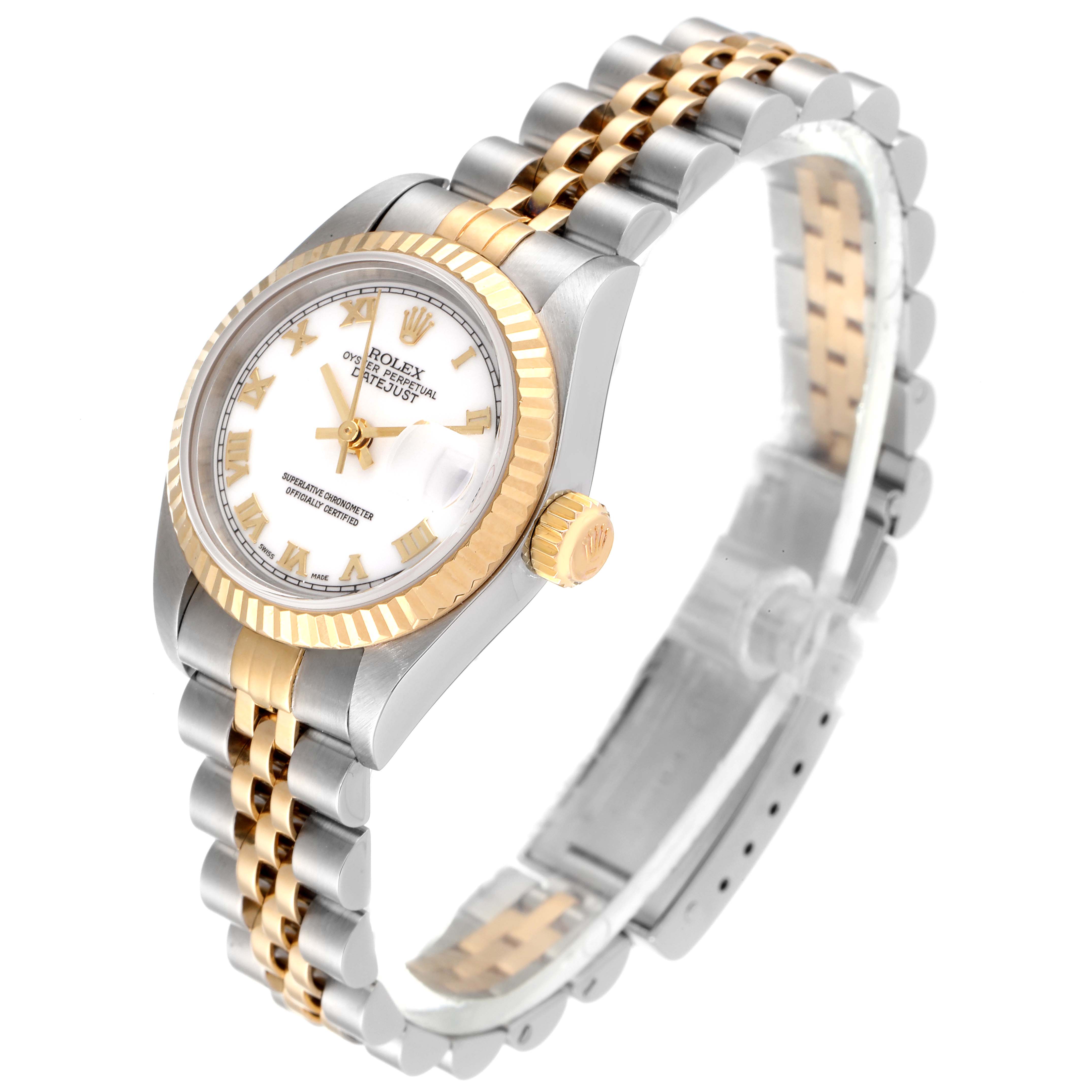 The image shows a Rolex Datejust 79173 Women's Steel and Gold (two tone) White Dial 79173 Women's Steel and Gold (two tone) White Dial watch angled slightly from above, highlighting the case, dial, crown, and bracelet.