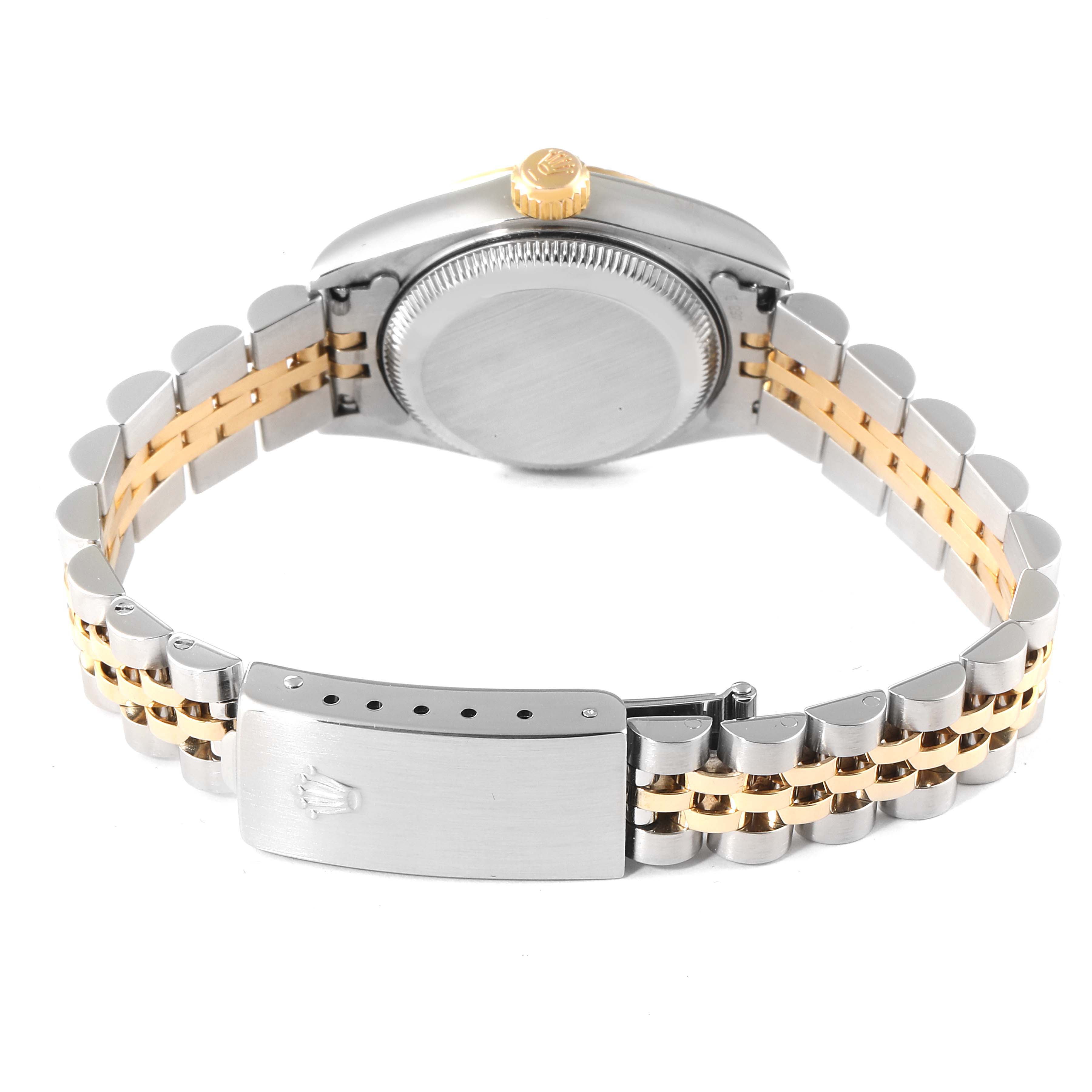 This image shows the back view of a Rolex Datejust 79173 Women's Steel and Gold (two tone) White Dial 79173 Women's Steel and Gold (two tone) White Dial watch, focusing on the case back, bracelet, and clasp.