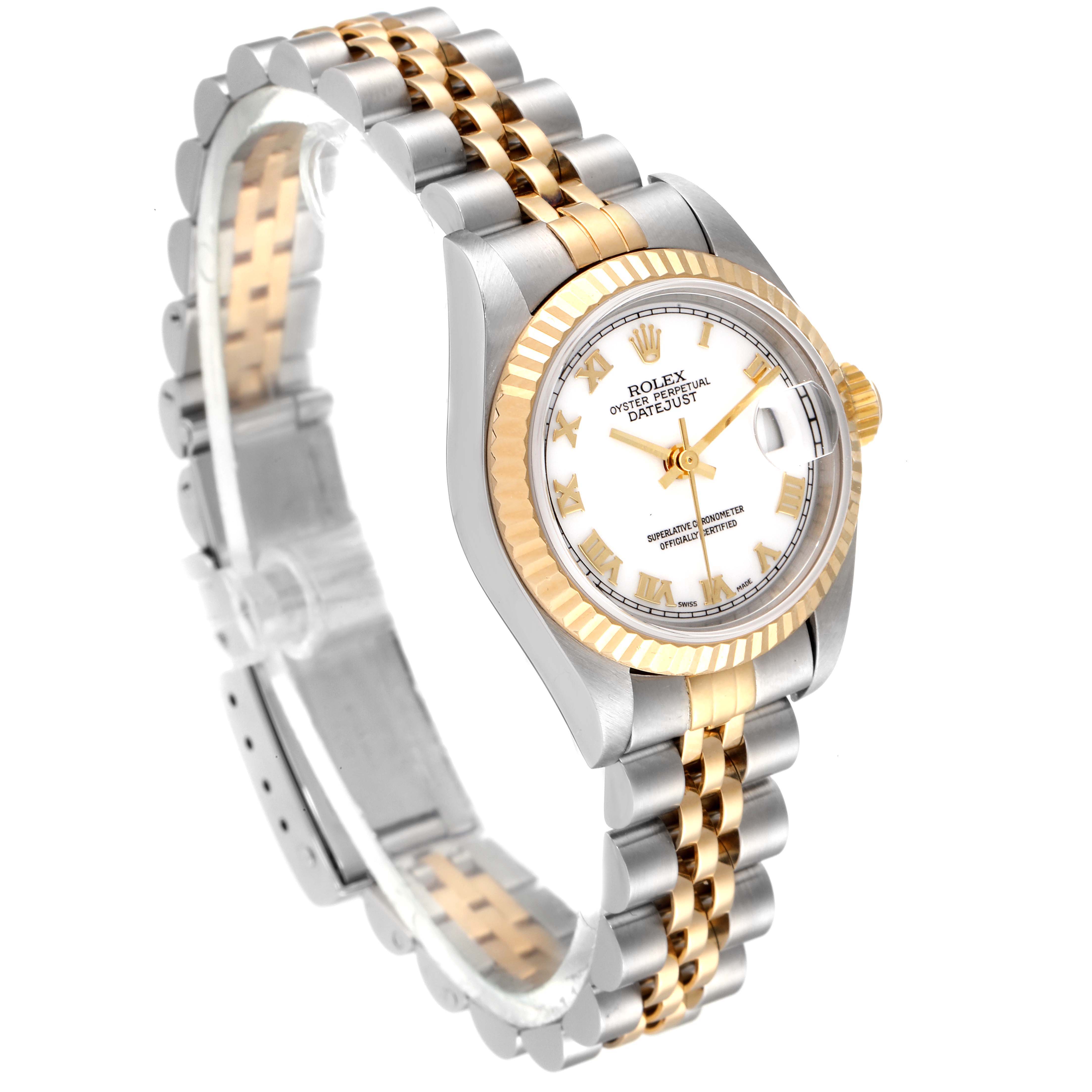 The image shows a side angle of a Rolex Datejust 79173 Women's Steel and Gold (two tone) White Dial 79173 Women's Steel and Gold (two tone) White Dial watch, highlighting its two-tone bracelet and white dial with gold accents.