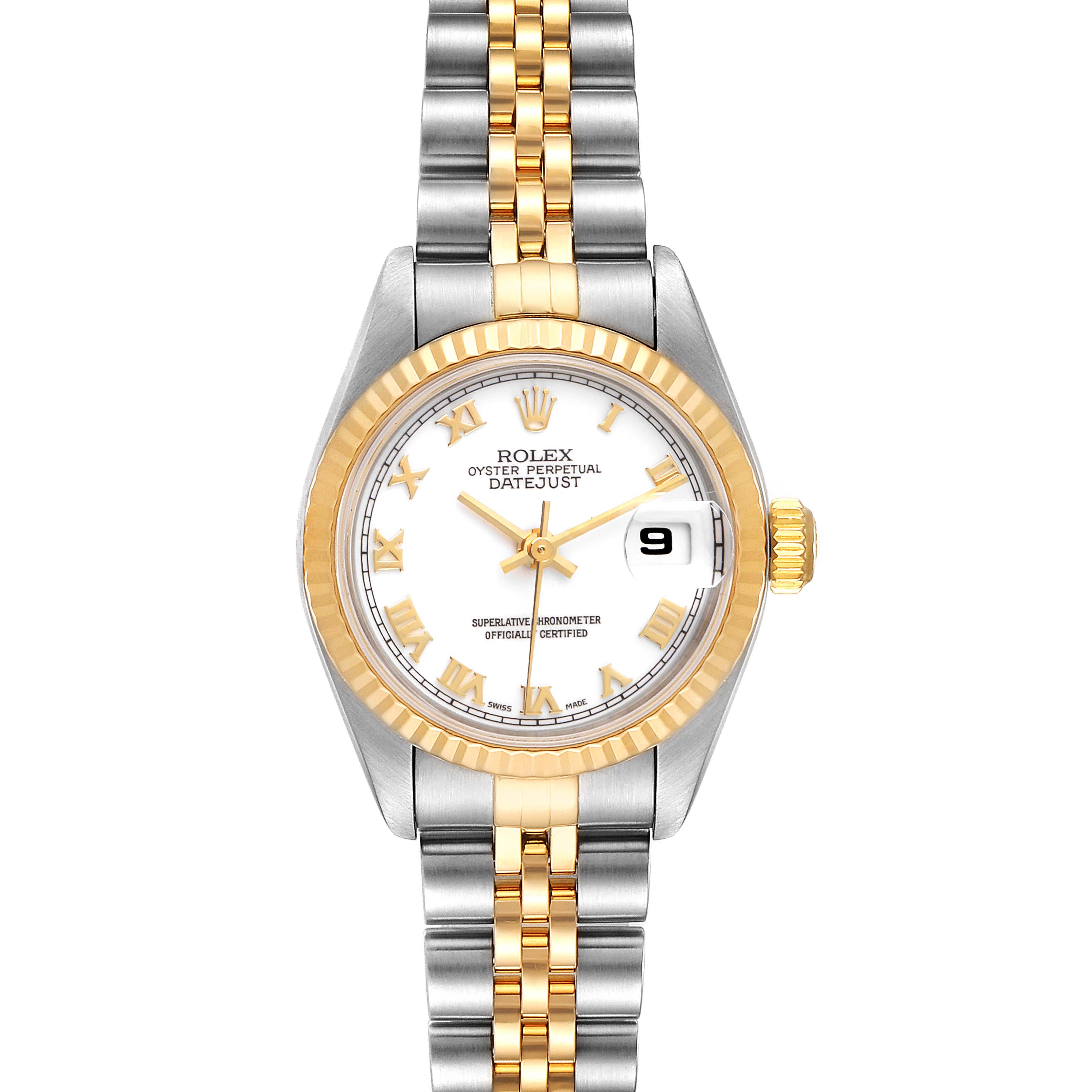This image shows the front view of the Rolex Datejust 79173 Women's Steel and Gold (two tone) White Dial 79173 Women's Steel and Gold (two tone) White Dial watch, highlighting the dial, bezel, and two-tone bracelet.