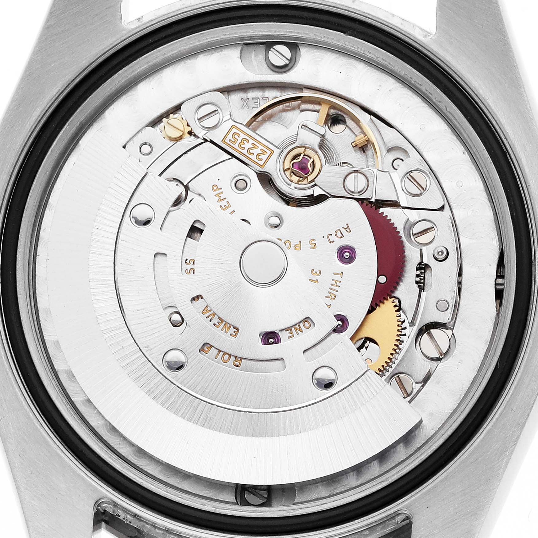 This is an interior view showing the movement mechanism of a Rolex Mid-Size 178344 Women's Stainless Steel Mother of Pearl Dial 178344 Women's Stainless Steel Mother of Pearl Dial watch.