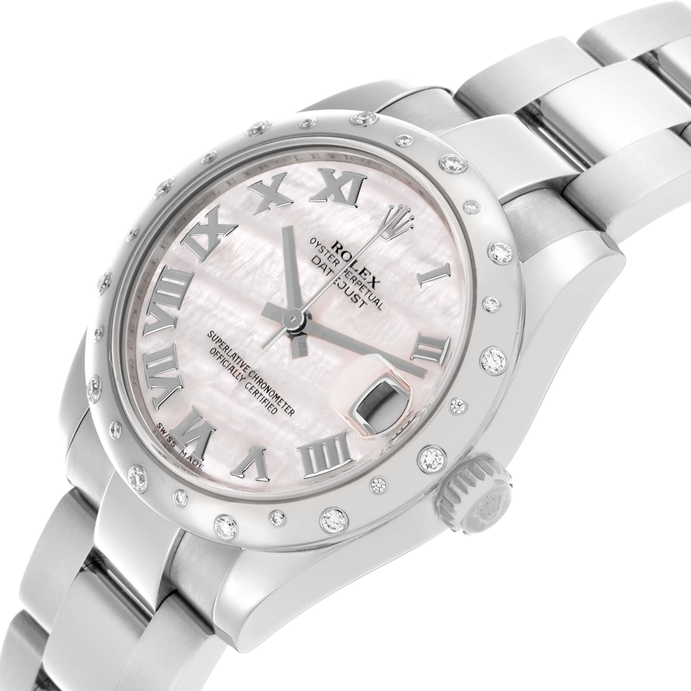 The Rolex Mid-Size 178344 Women's Stainless Steel Mother of Pearl Dial 178344 Women's Stainless Steel Mother of Pearl Dial watch is shown at an oblique angle highlighting the face, bezel, and part of the bracelet.