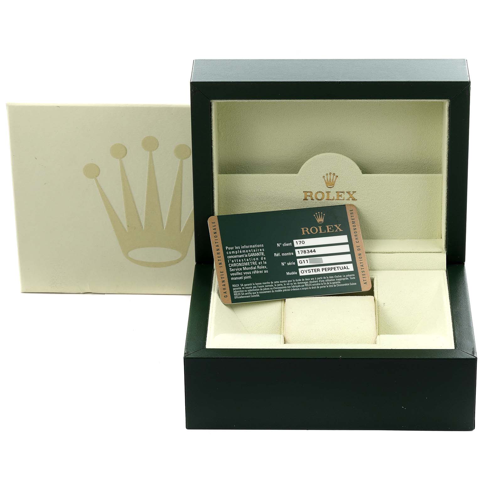 The image shows a Rolex Mid-Size 178344 Women's Stainless Steel Mother of Pearl Dial 178344 Women's Stainless Steel Mother of Pearl Dial watch box and warranty card, viewed from a front angle.