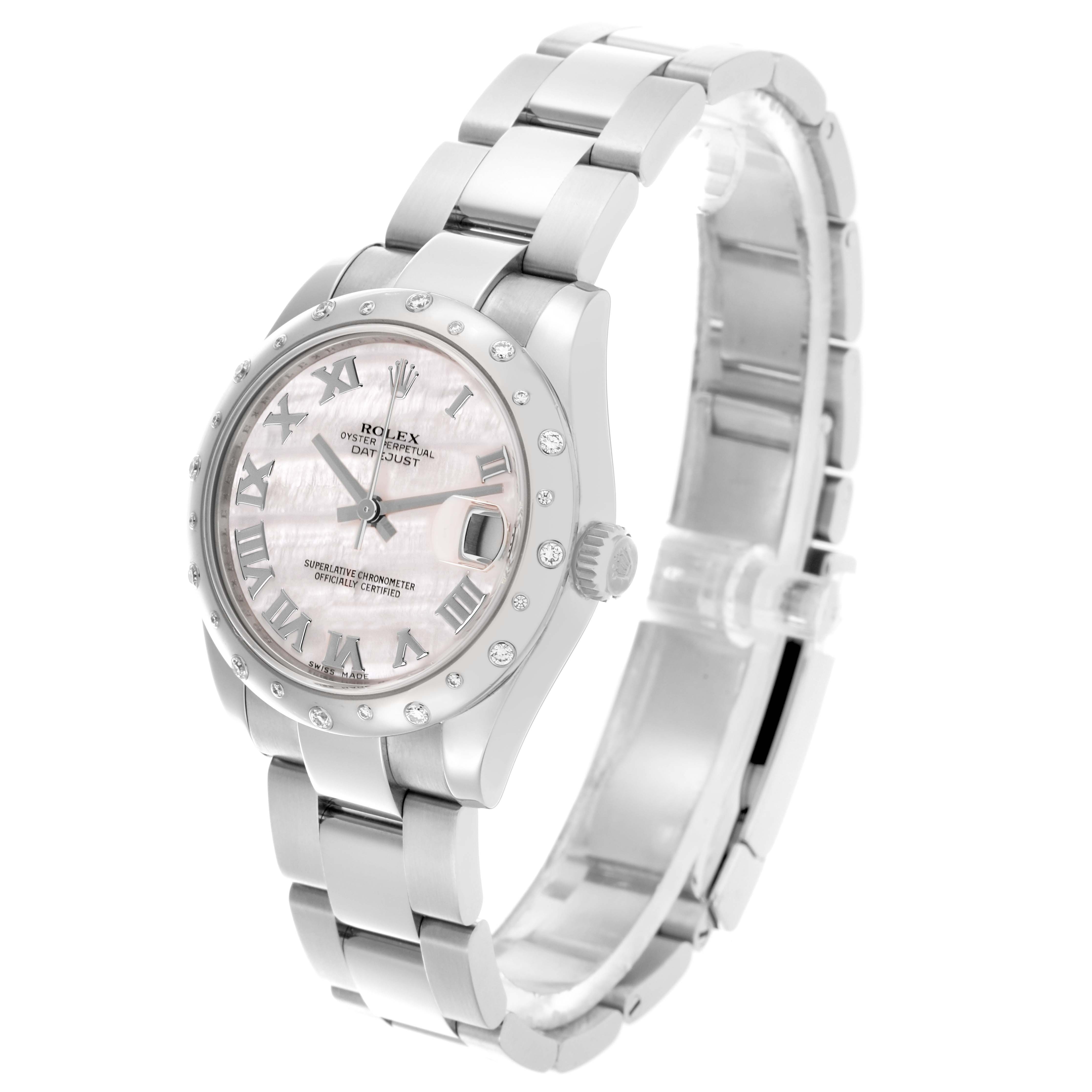 The Rolex Mid-Size 178344 Women's Stainless Steel Mother of Pearl Dial 178344 Women's Stainless Steel Mother of Pearl Dial watch is shown at a three-quarter angle, displaying the face, bezel, crown, and bracelet.