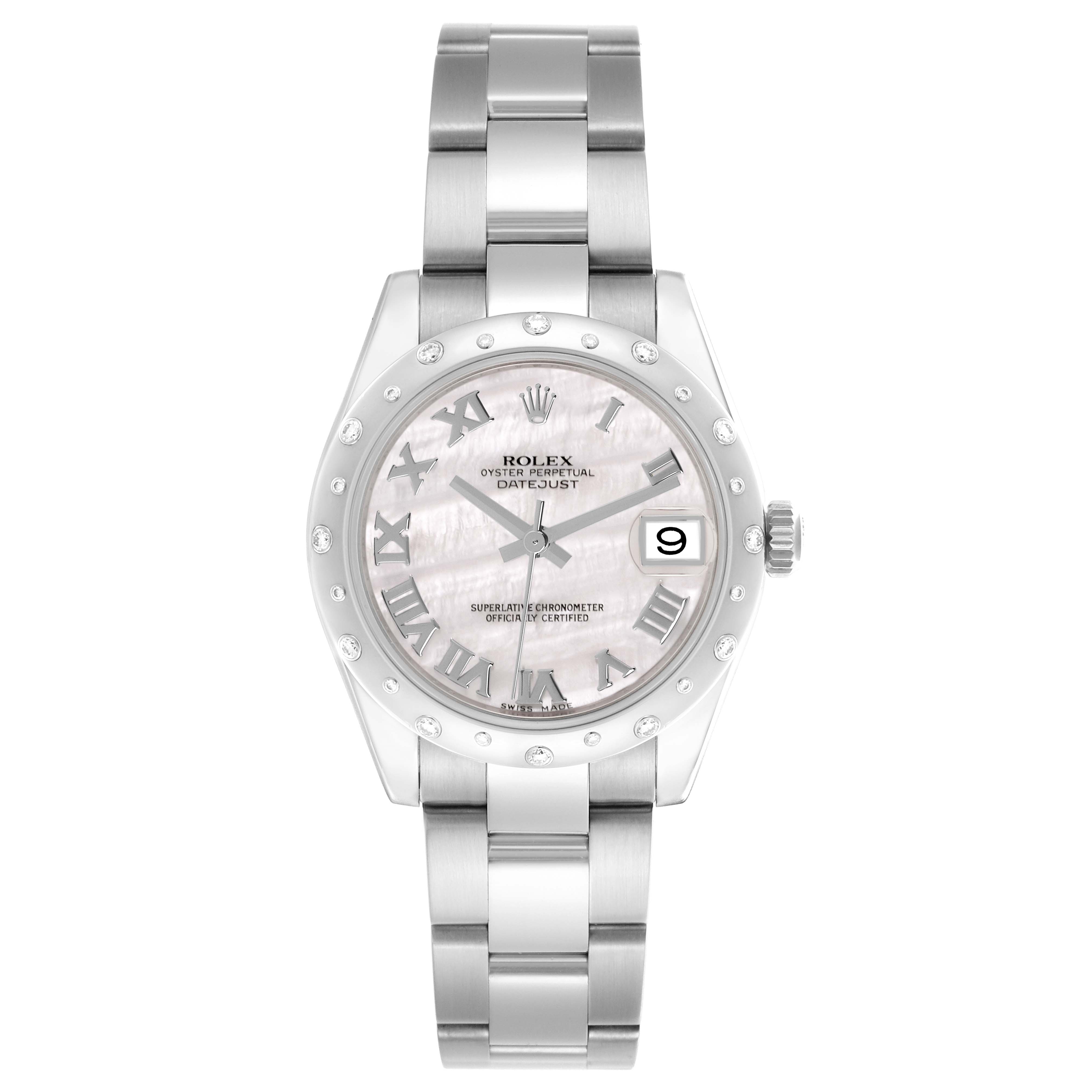 The Rolex Mid-Size 178344 Women's Stainless Steel Mother of Pearl Dial 178344 Women's Stainless Steel Mother of Pearl Dial watch is shown in a front view, displaying its dial, bezel, bracelet, and date feature.