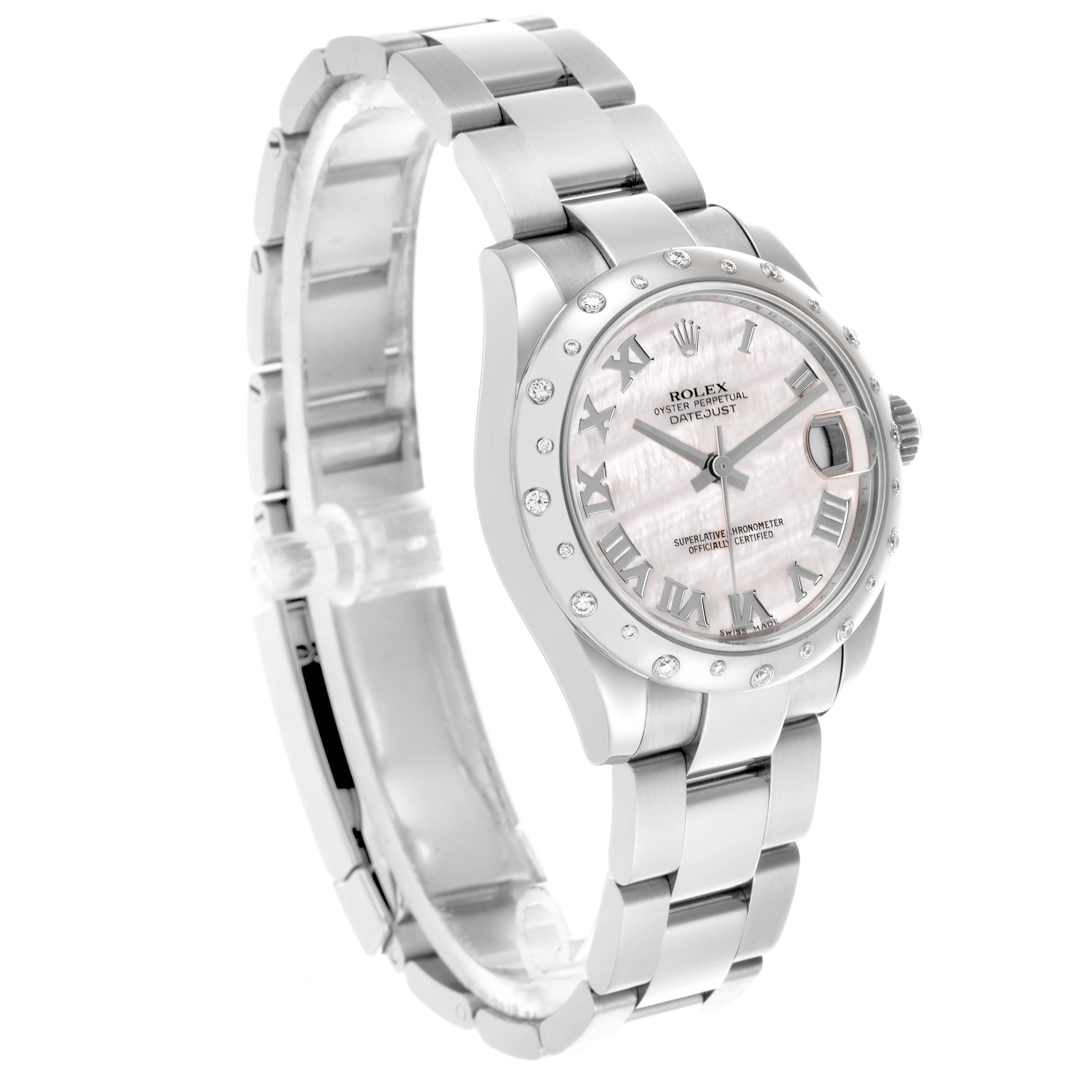 The Rolex Mid-Size 178344 Women's Stainless Steel Mother of Pearl Dial 178344 Women's Stainless Steel Mother of Pearl Dial watch is shown at an angle displaying the face, bezel, and bracelet, emphasizing its Roman numeral markers and date feature.