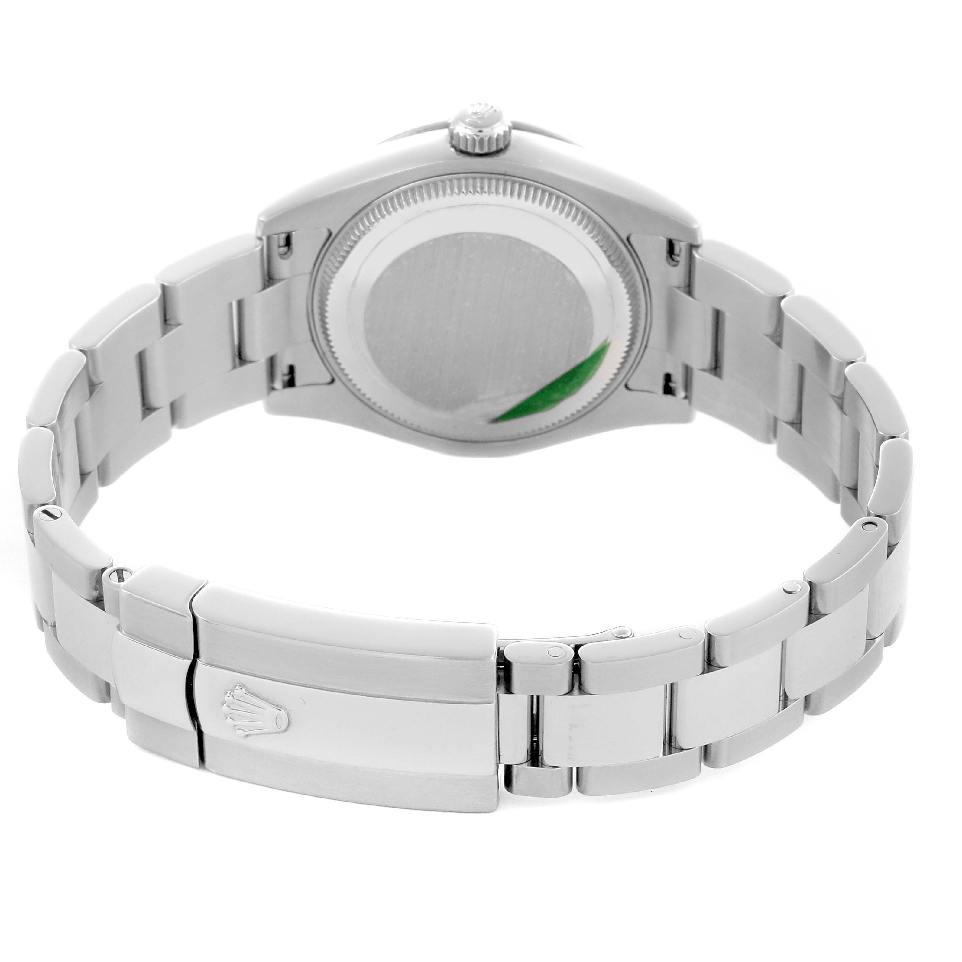 The Rolex Mid-Size 178344 Women's Stainless Steel Mother of Pearl Dial 178344 Women's Stainless Steel Mother of Pearl Dial watch is shown from the back, highlighting the case back and clasp.