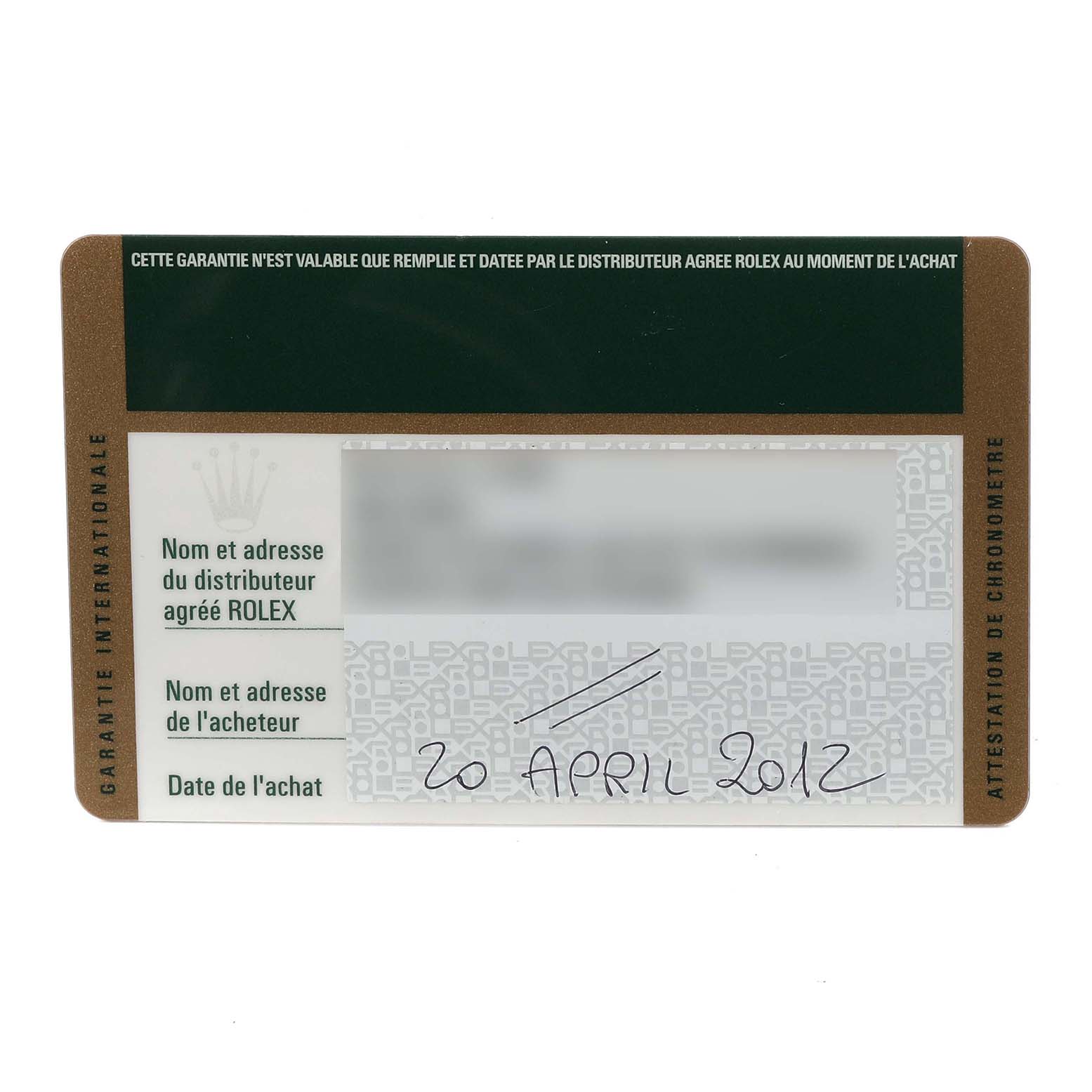 The image shows a Rolex Mid-Size 178344 Women's Stainless Steel Mother of Pearl Dial 178344 Women's Stainless Steel Mother of Pearl Dial model warranty card viewed from the front.