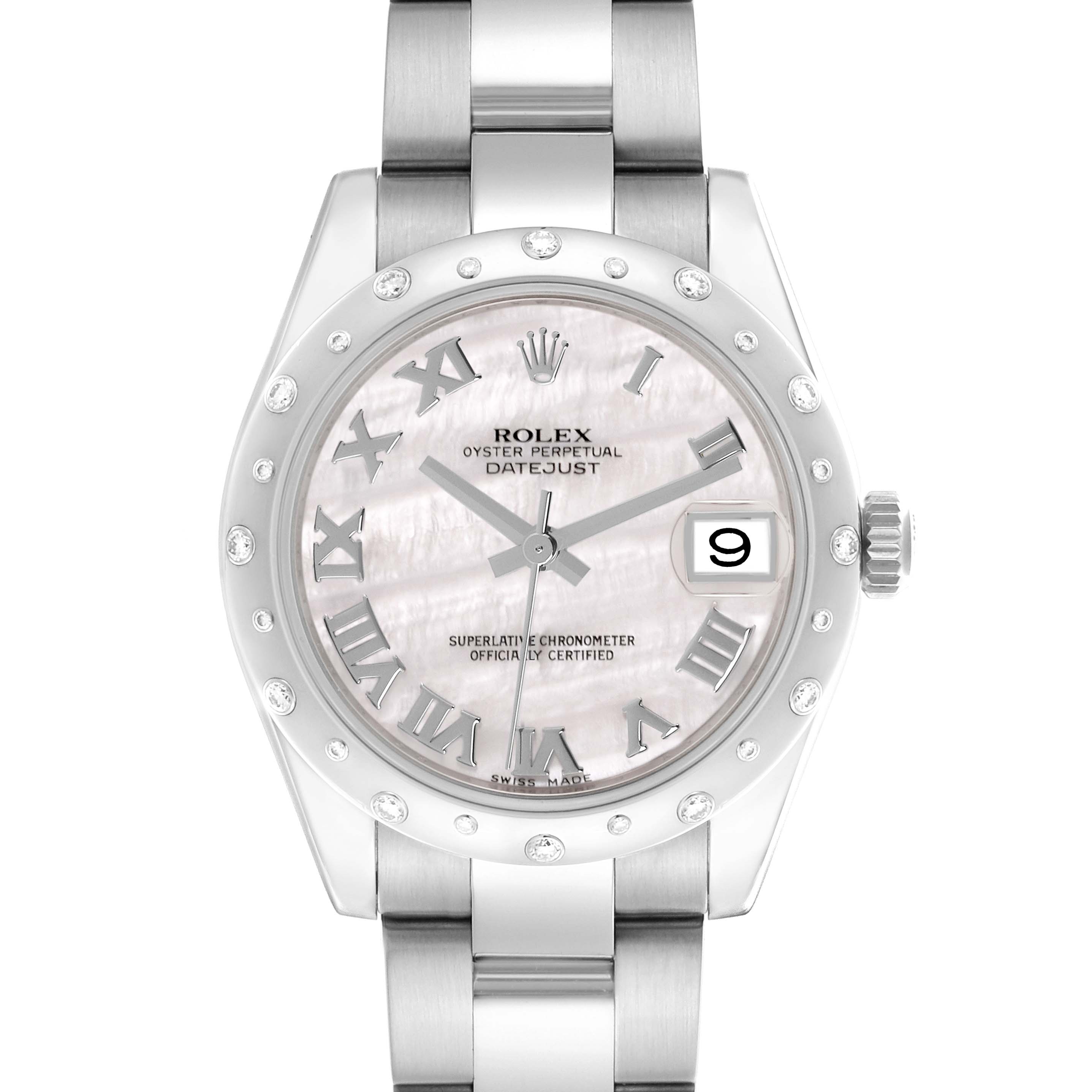 The Rolex Mid-Size 178344 Women's Stainless Steel Mother of Pearl Dial 178344 Women's Stainless Steel Mother of Pearl Dial watch is shown from a frontal angle, highlighting the face, bezel, and part of the bracelet.