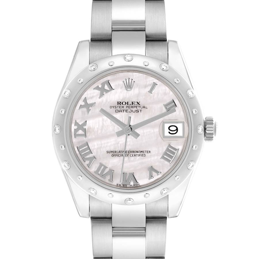 The Rolex Mid-Size watch is shown from a frontal angle, highlighting the face, bezel, and part of the bracelet.