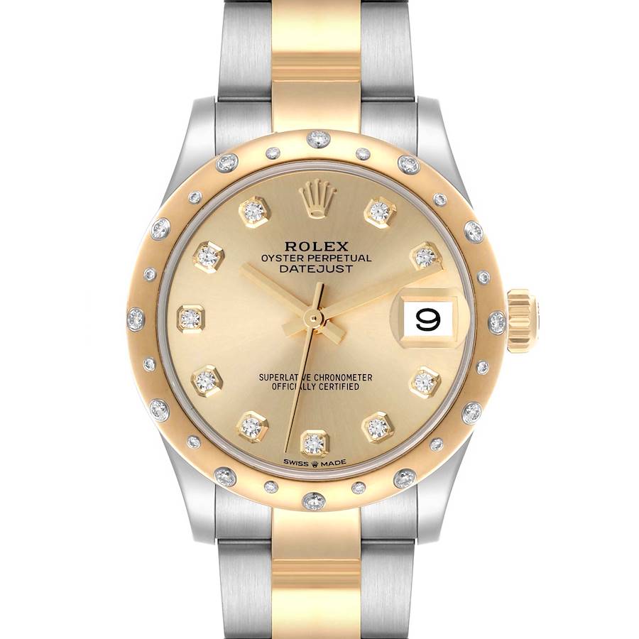 The Rolex Mid-Size Datejust is shown from the front, highlighting its two-tone bracelet, diamond-set bezel, and date window.