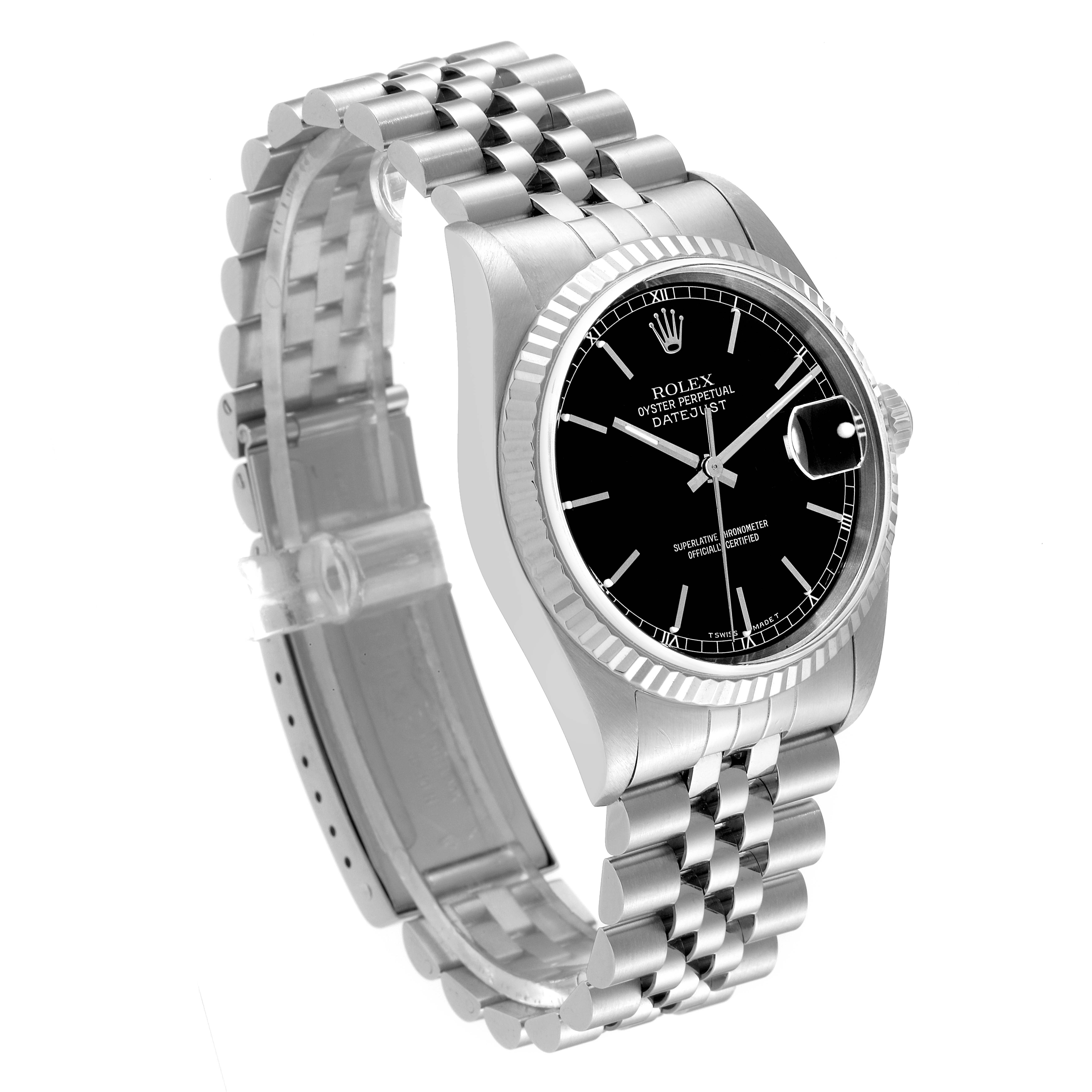 This Rolex Datejust 16234 Men's Stainless Steel Black Dial 16234 Men's Stainless Steel Black Dial watch is shown at a front angle highlighting the face, bezel, and partially open bracelet.