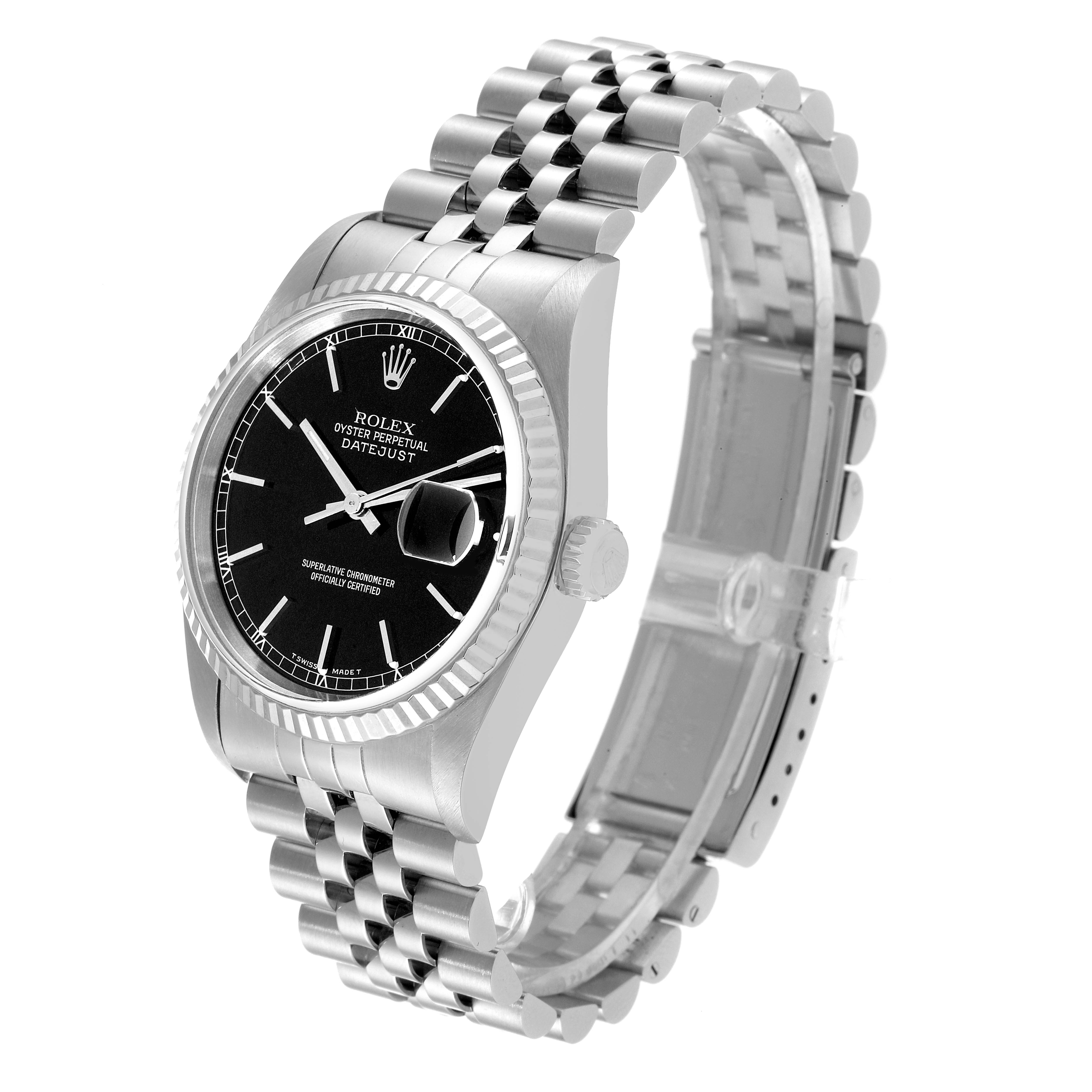 This image shows a side and front angle of the Rolex Datejust 16234 Men's Stainless Steel Black Dial 16234 Men's Stainless Steel Black Dial, highlighting its bezel, crown, dial, and jubilee bracelet.