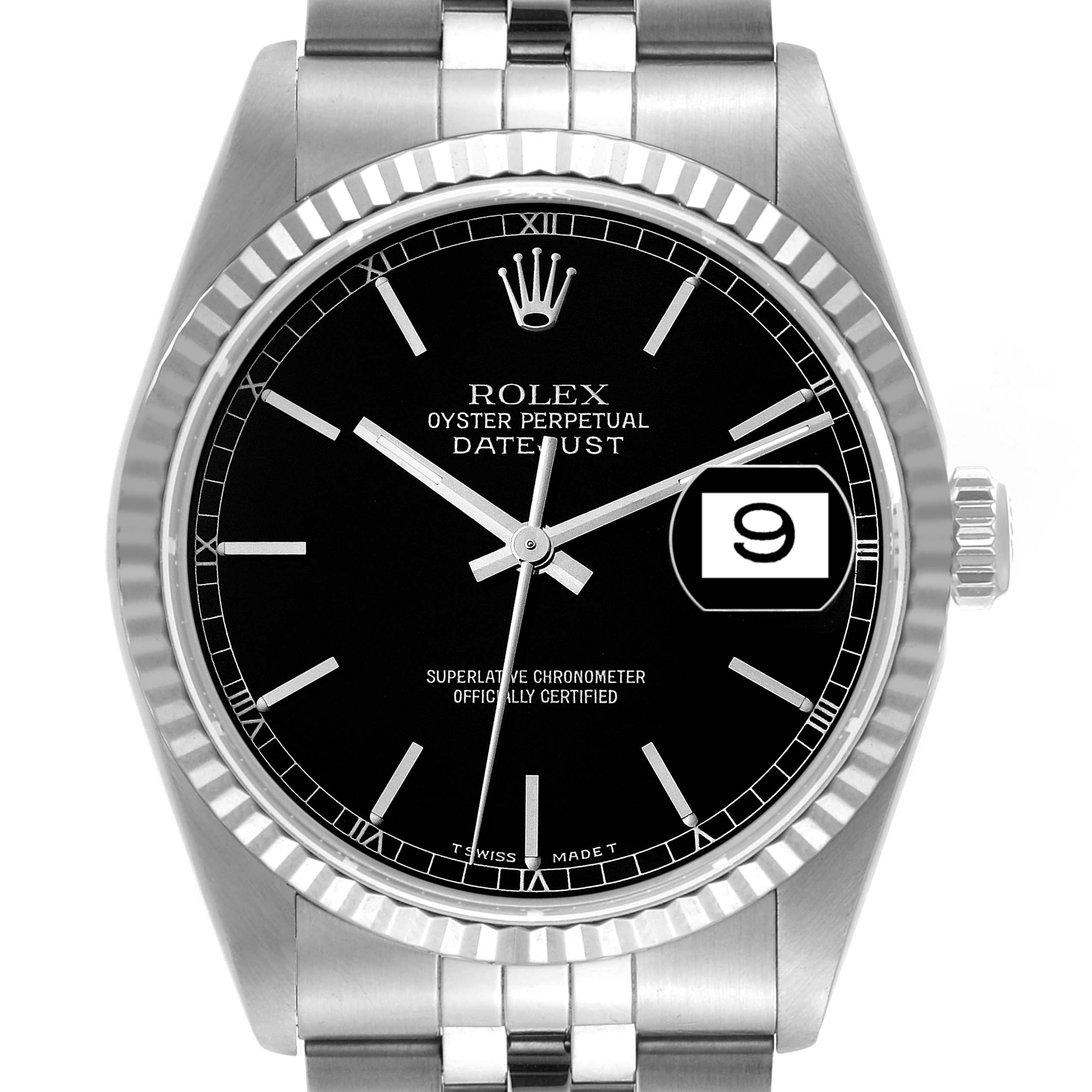 This Rolex Datejust 16234 Men's Stainless Steel Black Dial 16234 Men's Stainless Steel Black Dial watch is shown from a front angle, displaying the dial, hands, bezel, and part of the bracelet.