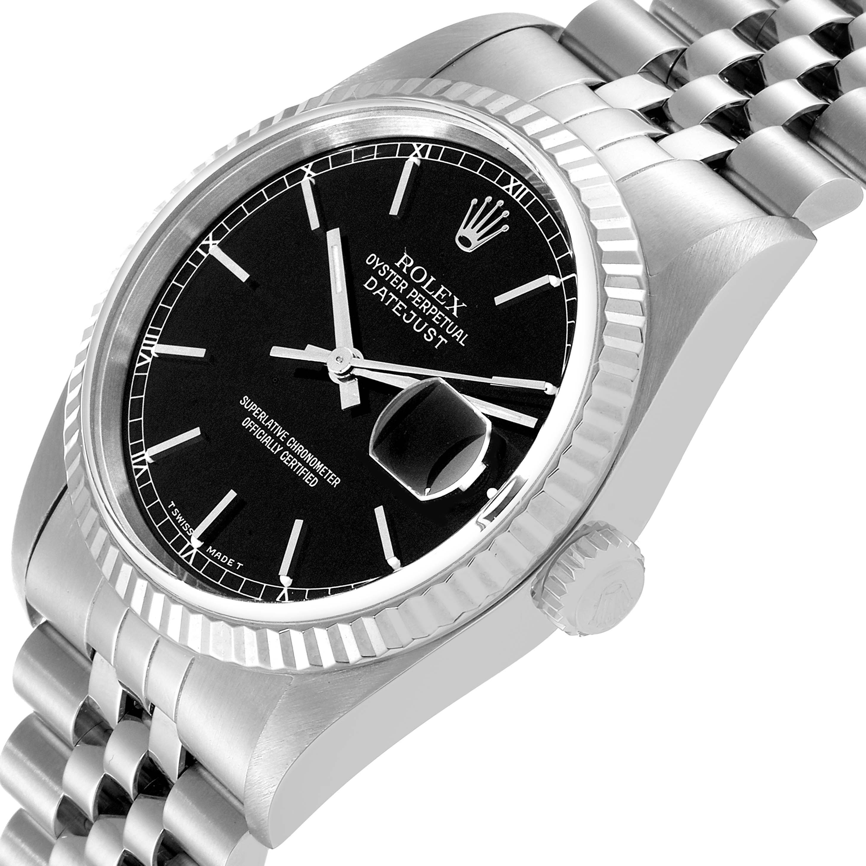 This image shows a Rolex Datejust 16234 Men's Stainless Steel Black Dial 16234 Men's Stainless Steel Black Dial watch at an angled side view, highlighting the bezel, black dial, bracelet, and crown.