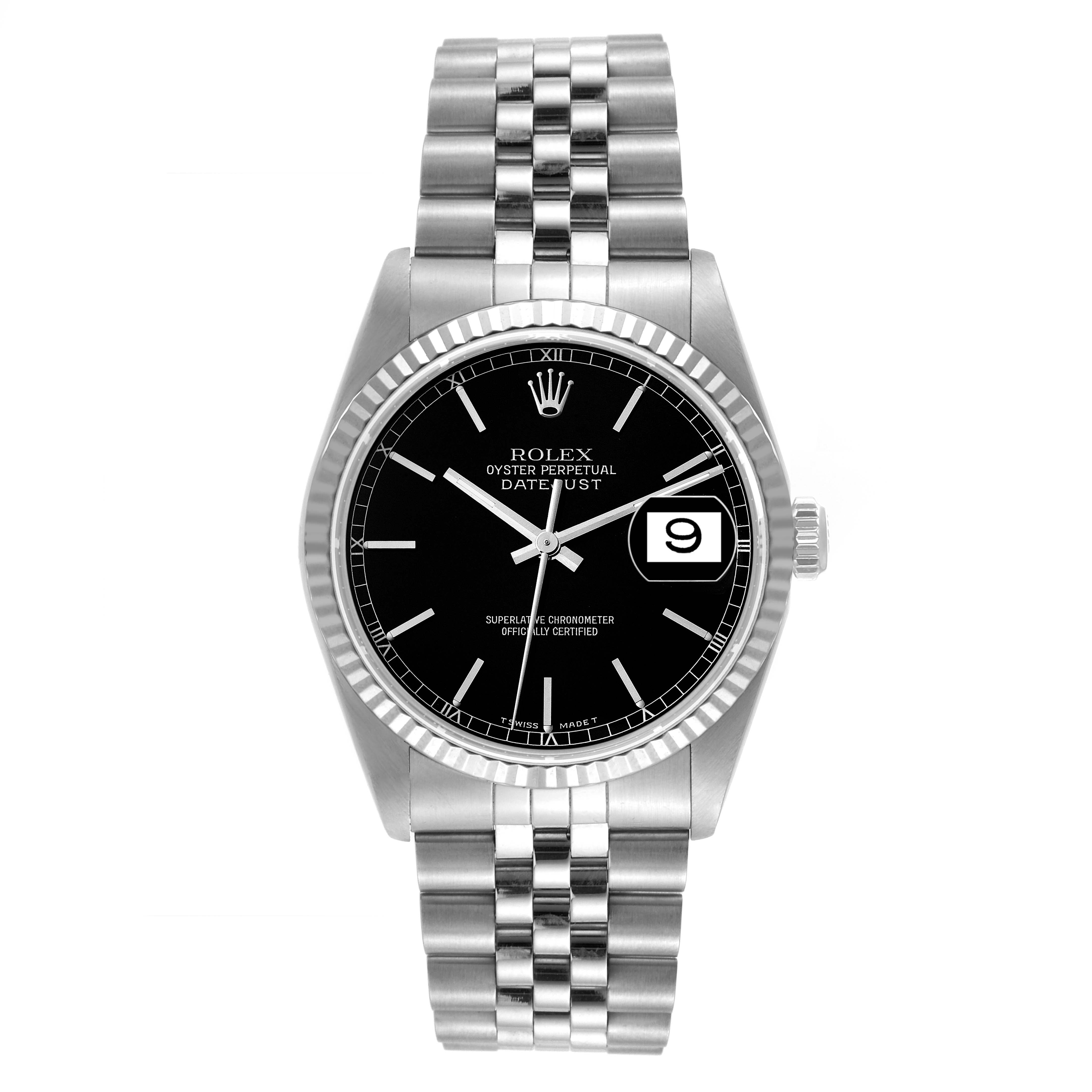 This image shows a frontal view of the Rolex Datejust 16234 Men's Stainless Steel Black Dial 16234 Men's Stainless Steel Black Dial watch, including the dial, bezel, and bracelet.