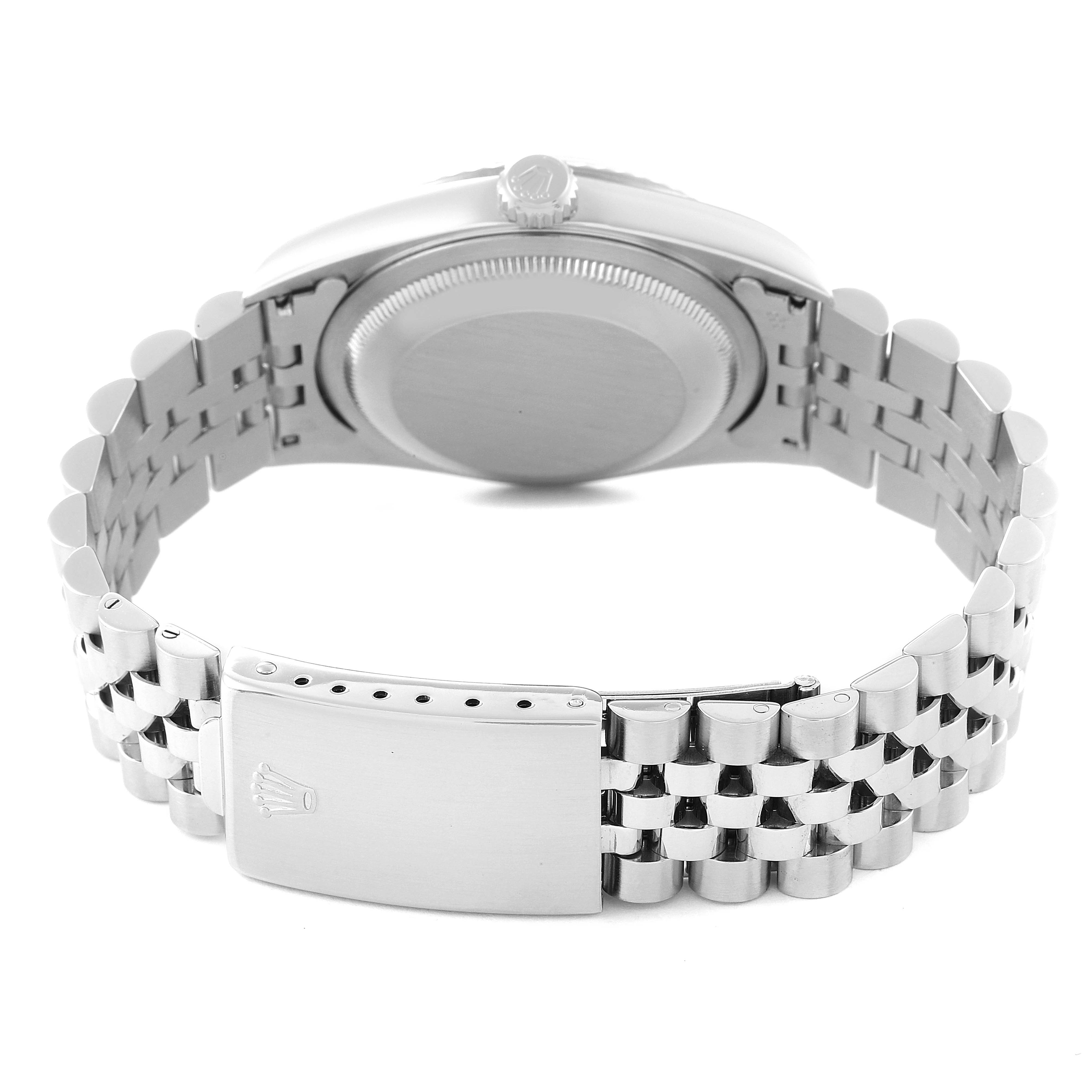 This image shows the back view of a Rolex Datejust 16234 Men's Stainless Steel Black Dial 16234 Men's Stainless Steel Black Dial watch, highlighting the case back, bracelet, and clasp.