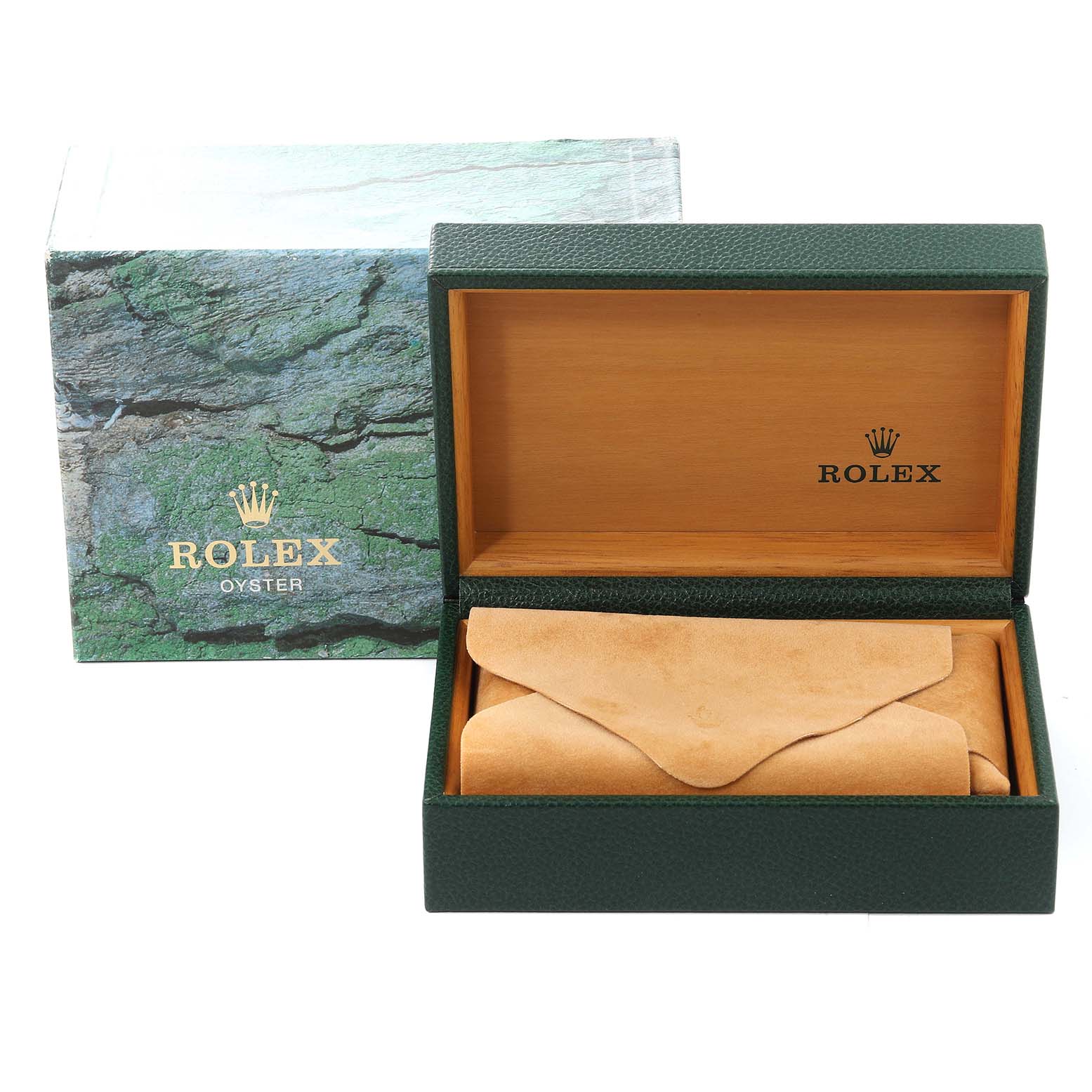 The image shows an open green Rolex Datejust 16234 Men's Stainless Steel Blue Dial 16234 Men's Stainless Steel Blue Dial box with inner packaging, alongside its outer shell with the Rolex logo.