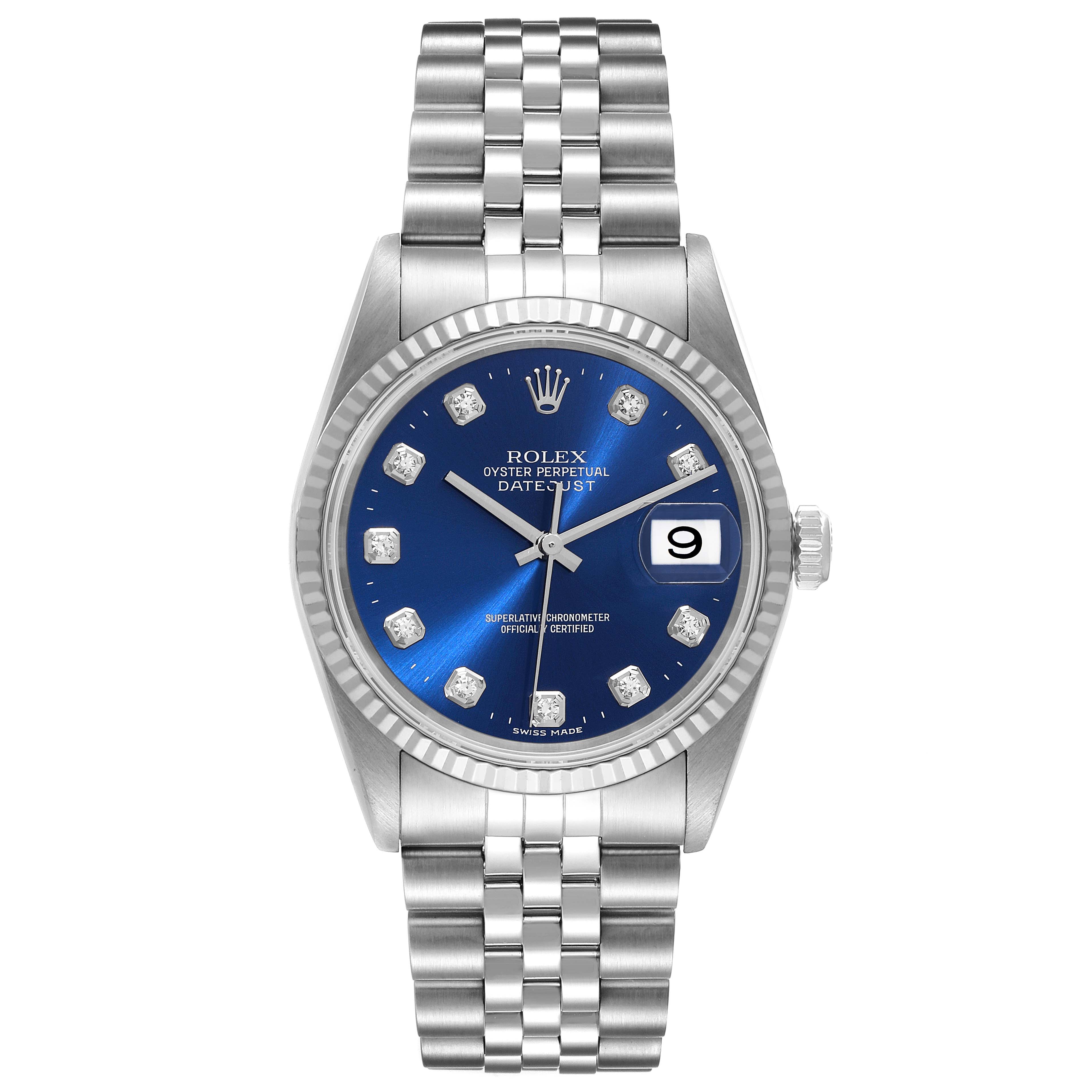 The image shows a frontal view of a Rolex Datejust 16234 Men's Stainless Steel Blue Dial 16234 Men's Stainless Steel Blue Dial watch, displaying the blue dial, case, fluted bezel, and Jubilee bracelet.