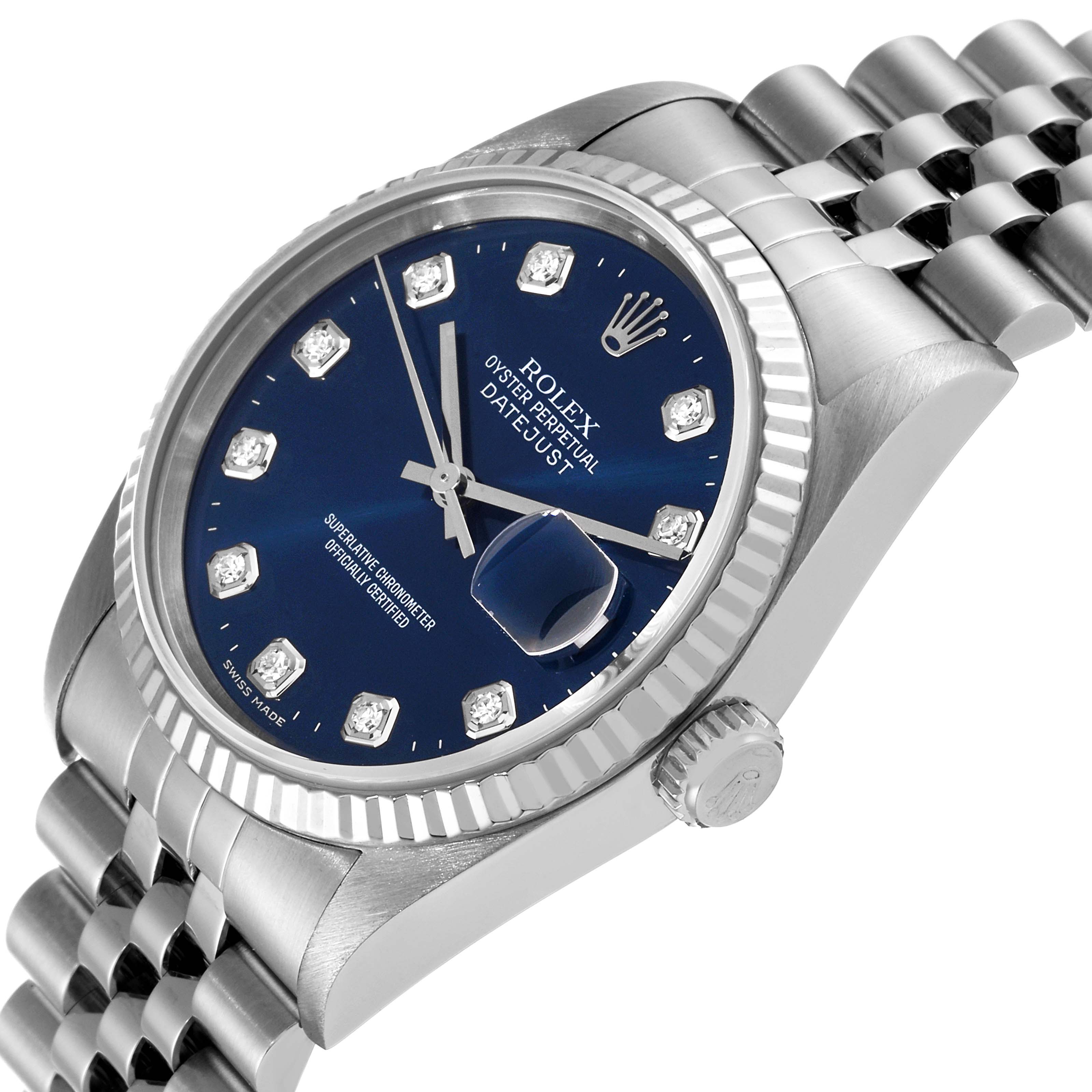 The image shows a Rolex Datejust 16234 Men's Stainless Steel Blue Dial 16234 Men's Stainless Steel Blue Dial watch at an oblique angle, highlighting the blue dial, fluted bezel, and Jubilee bracelet.