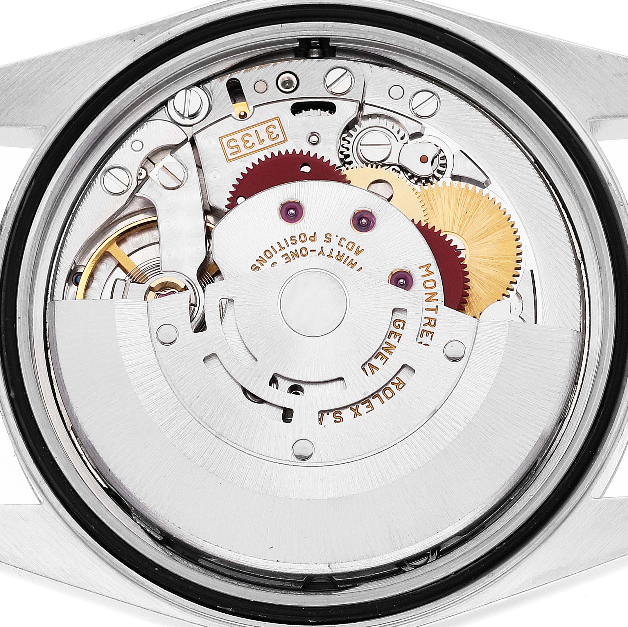 This image shows the internal mechanism and movement of a Rolex Datejust 16234 Men's Stainless Steel Blue Dial 16234 Men's Stainless Steel Blue Dial watch, viewed from the back.