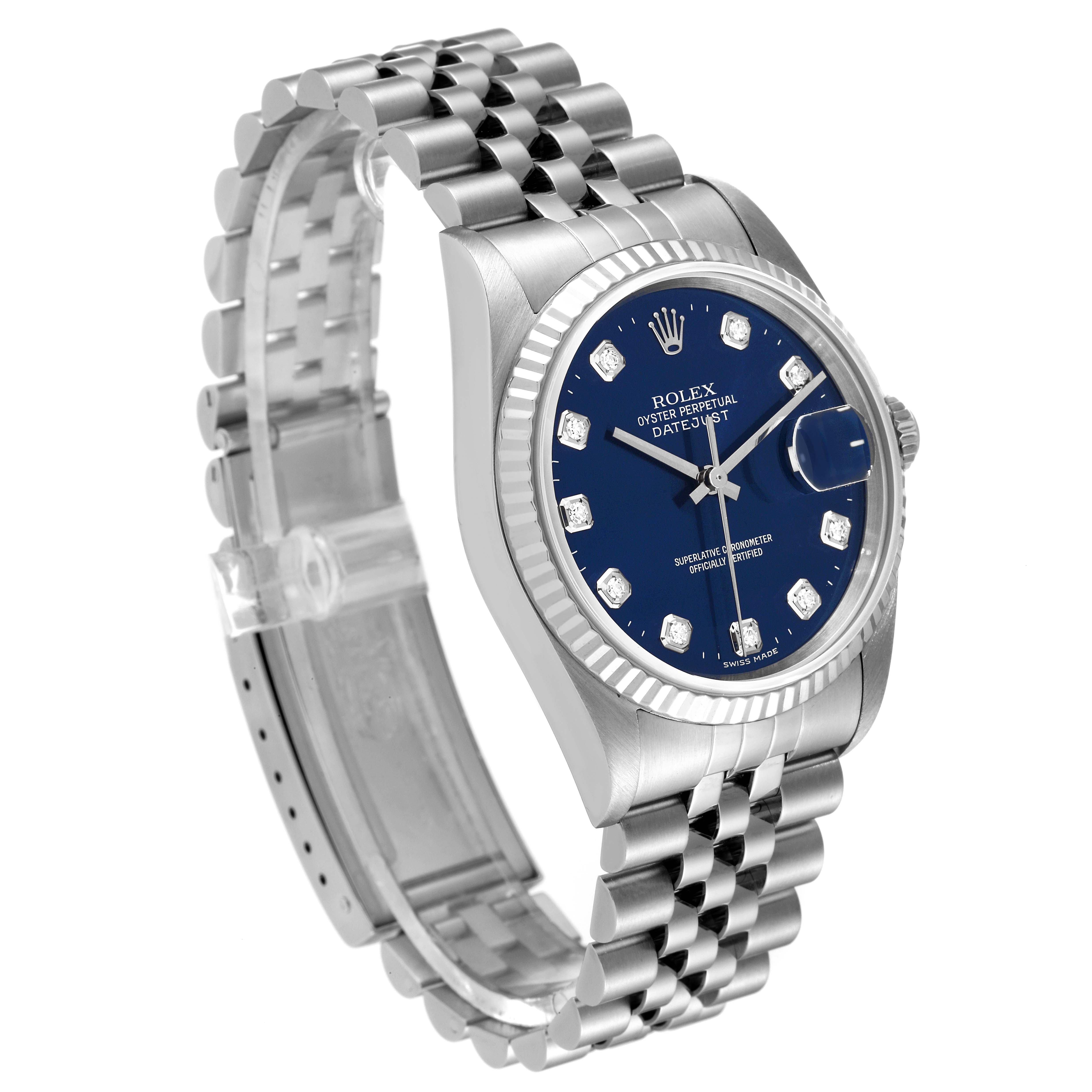 The image shows a Rolex Datejust 16234 Men's Stainless Steel Blue Dial 16234 Men's Stainless Steel Blue Dial watch from an angled side view, highlighting its jubilee bracelet and blue diamond dial.