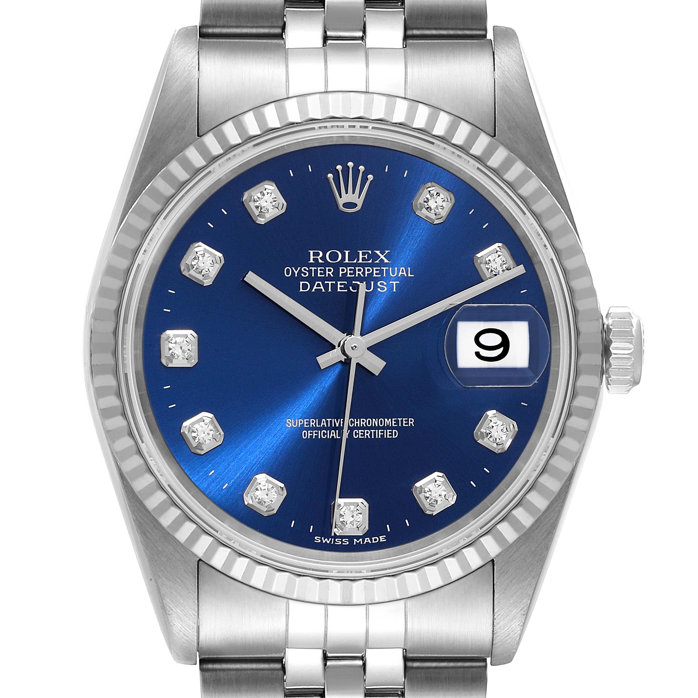The image shows a close-up front view of a Rolex Datejust 16234 Men's Stainless Steel Blue Dial 16234 Men's Stainless Steel Blue Dial, highlighting the dial, bezel, and parts of the bracelet.