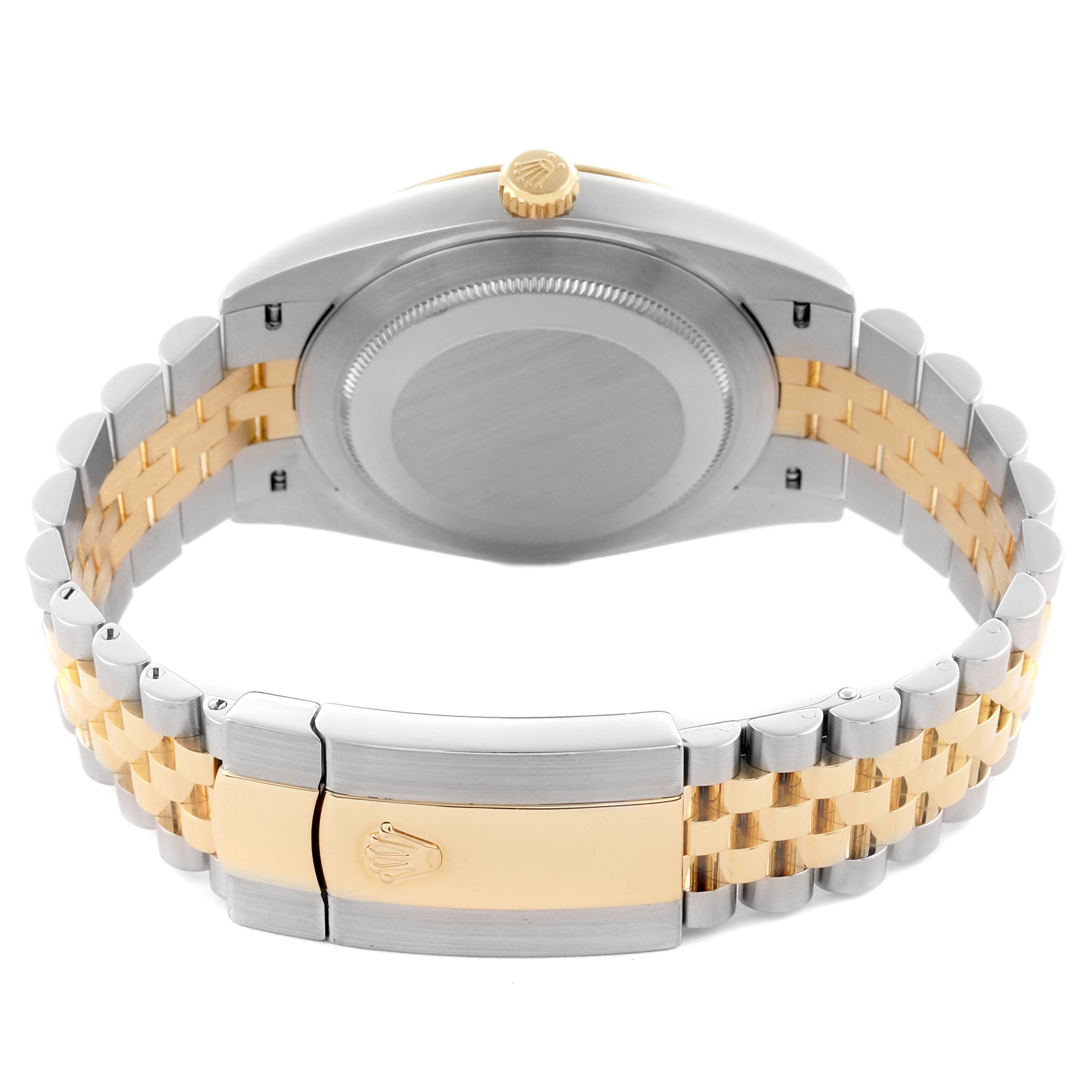 The image shows the back view of the Rolex Datejust 41 126333 Men's Steel and Gold (two tone) Black Dial 126333 Men's Steel and Gold (two tone) Black Dial, highlighting the case back, crown, and two-tone bracelet with clasp.