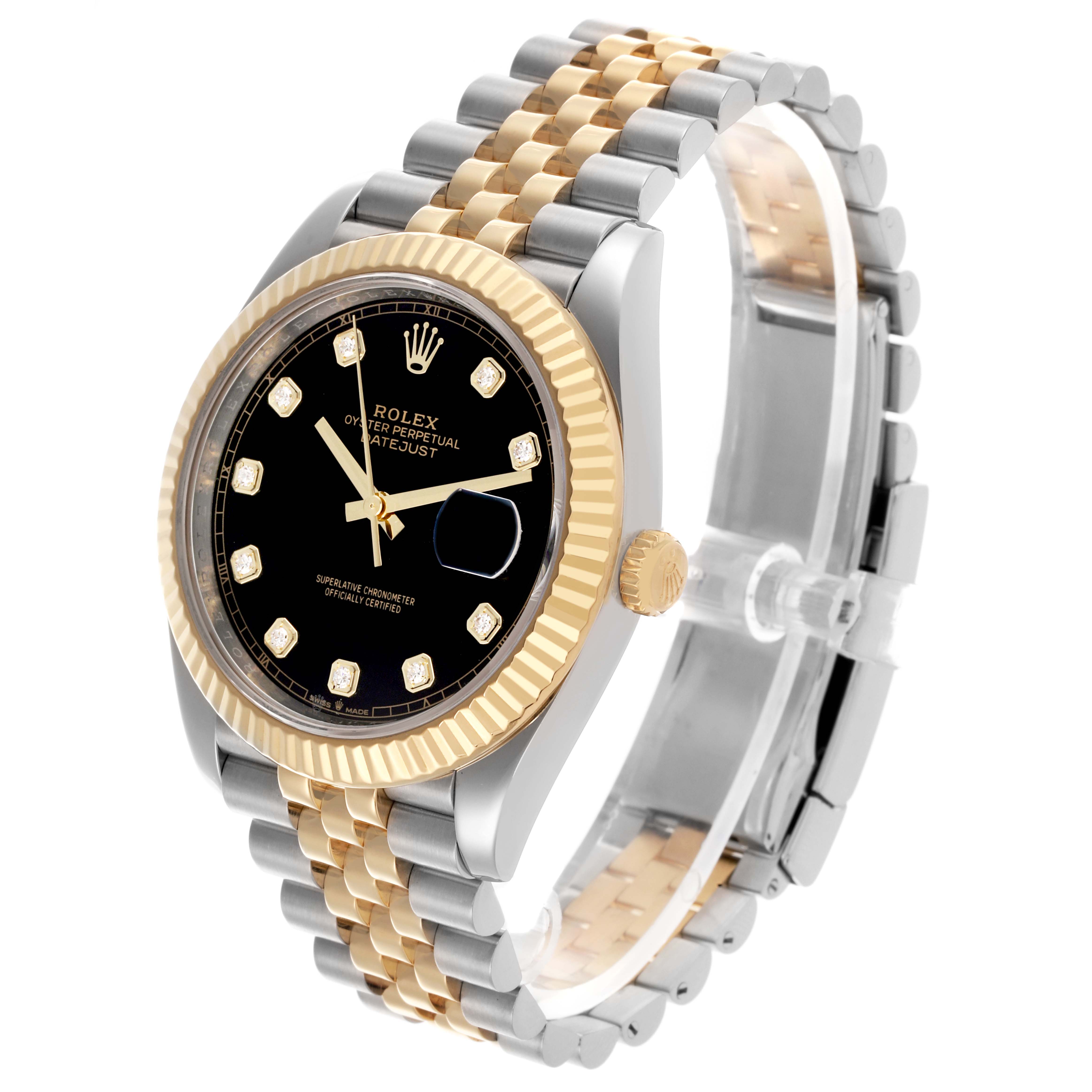 The Rolex Datejust 41 126333 Men's Steel and Gold (two tone) Black Dial 126333 Men's Steel and Gold (two tone) Black Dial is shown at a slight angle, highlighting its dial, bezel, and jubilee bracelet.