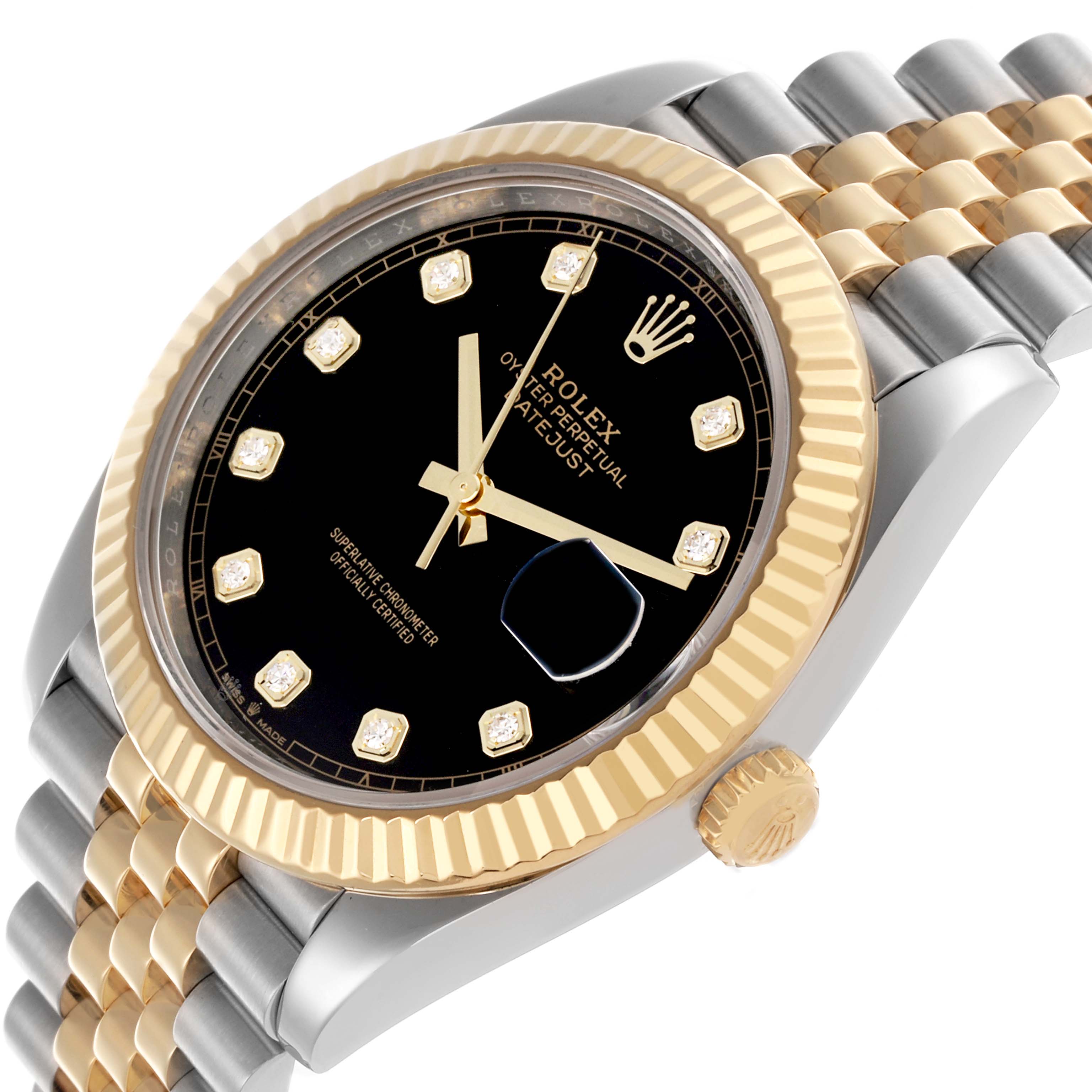 The Rolex Datejust 41 126333 Men's Steel and Gold (two tone) Black Dial 126333 Men's Steel and Gold (two tone) Black Dial is shown at an angle highlighting the dial, fluted bezel, crown, and two-tone Jubilee bracelet.