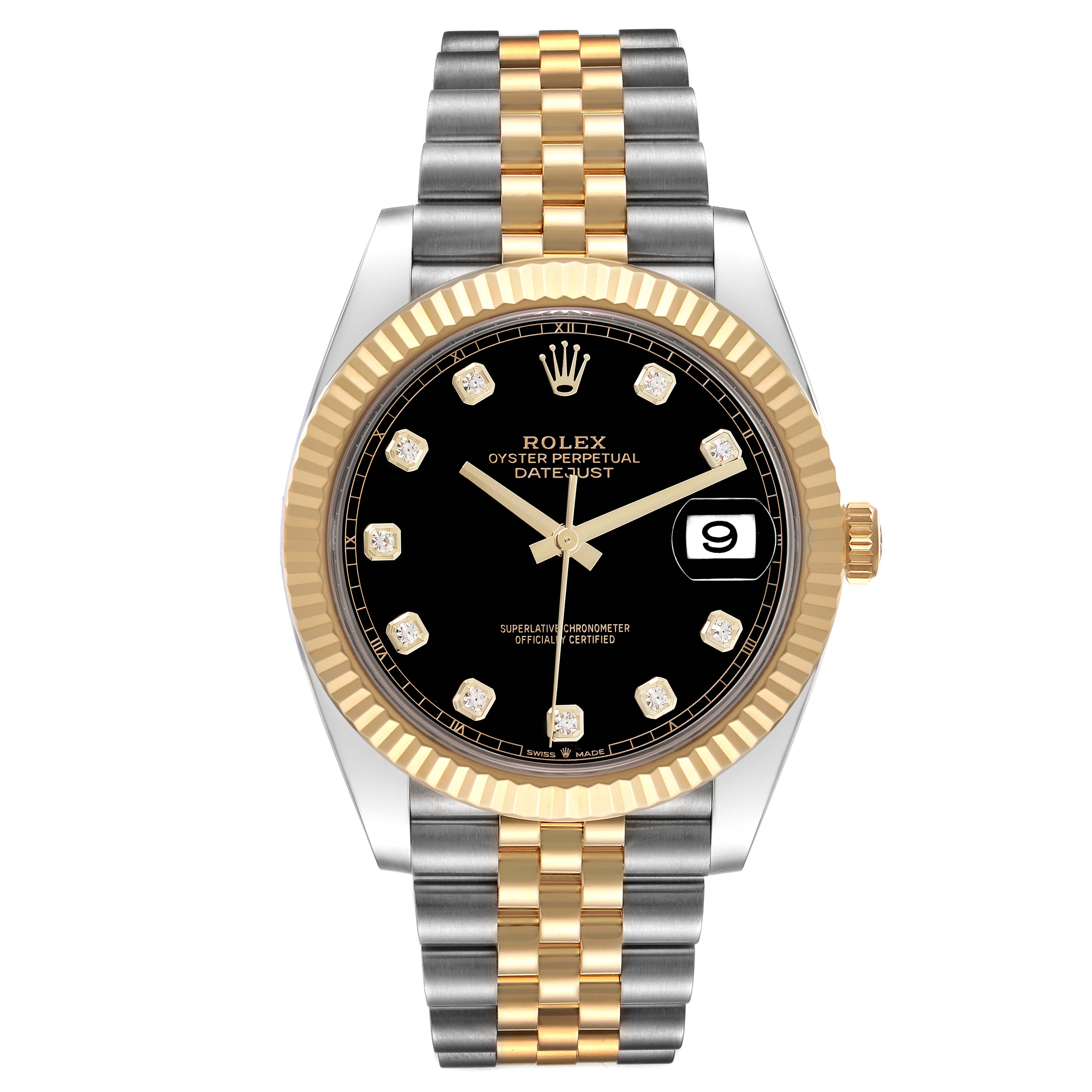 The Rolex Datejust 41 126333 Men's Steel and Gold (two tone) Black Dial 126333 Men's Steel and Gold (two tone) Black Dial is shown from the front, featuring a gold and stainless steel bracelet and a black dial with gold accents.
