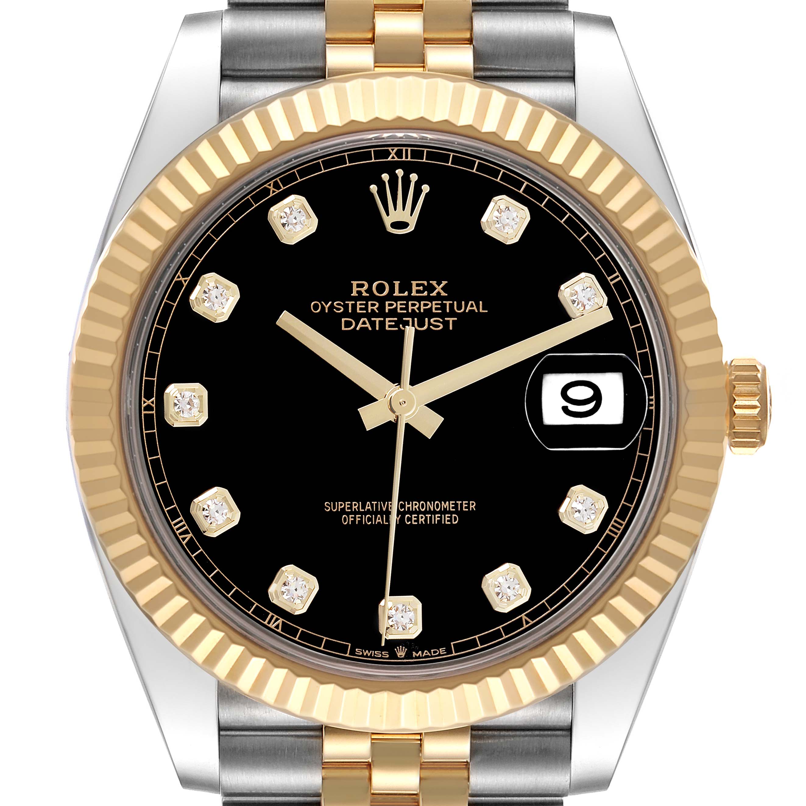 The Rolex Datejust 41 126333 Men's Steel and Gold (two tone) Black Dial 126333 Men's Steel and Gold (two tone) Black Dial is shown from a front angle, highlighting the gold fluted bezel, black dial, diamond hour markers, and date window.