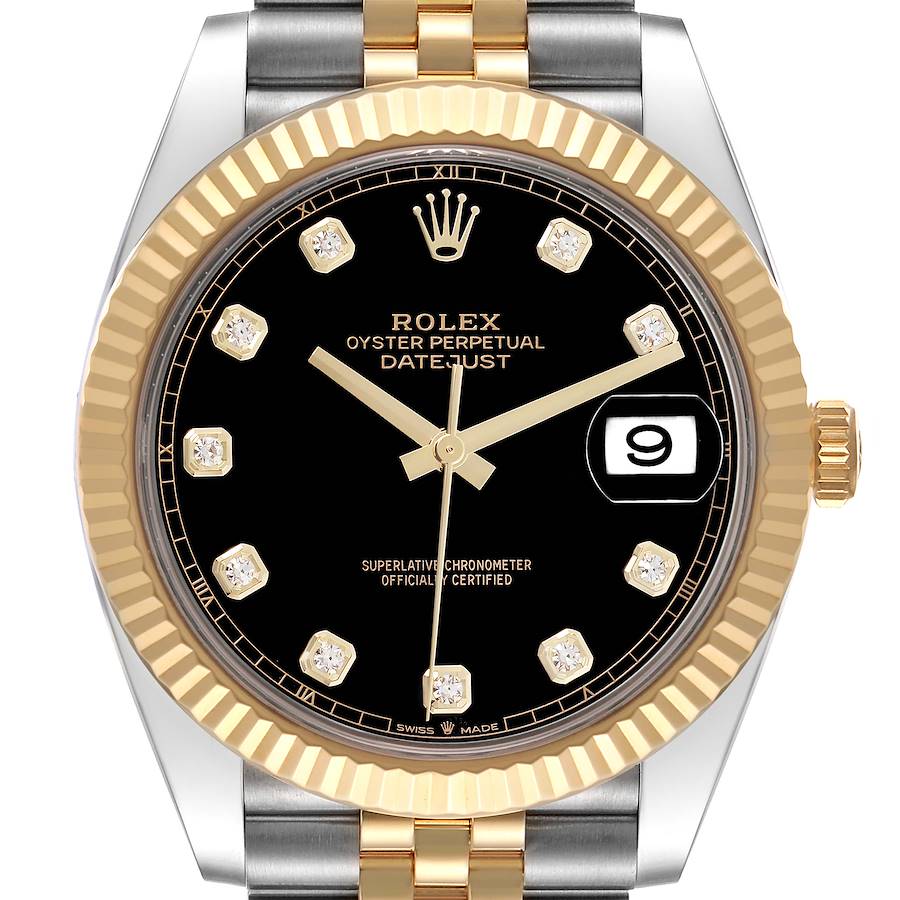 The Rolex Datejust 41 is shown from a front angle, highlighting the gold fluted bezel, black dial, diamond hour markers, and date window.