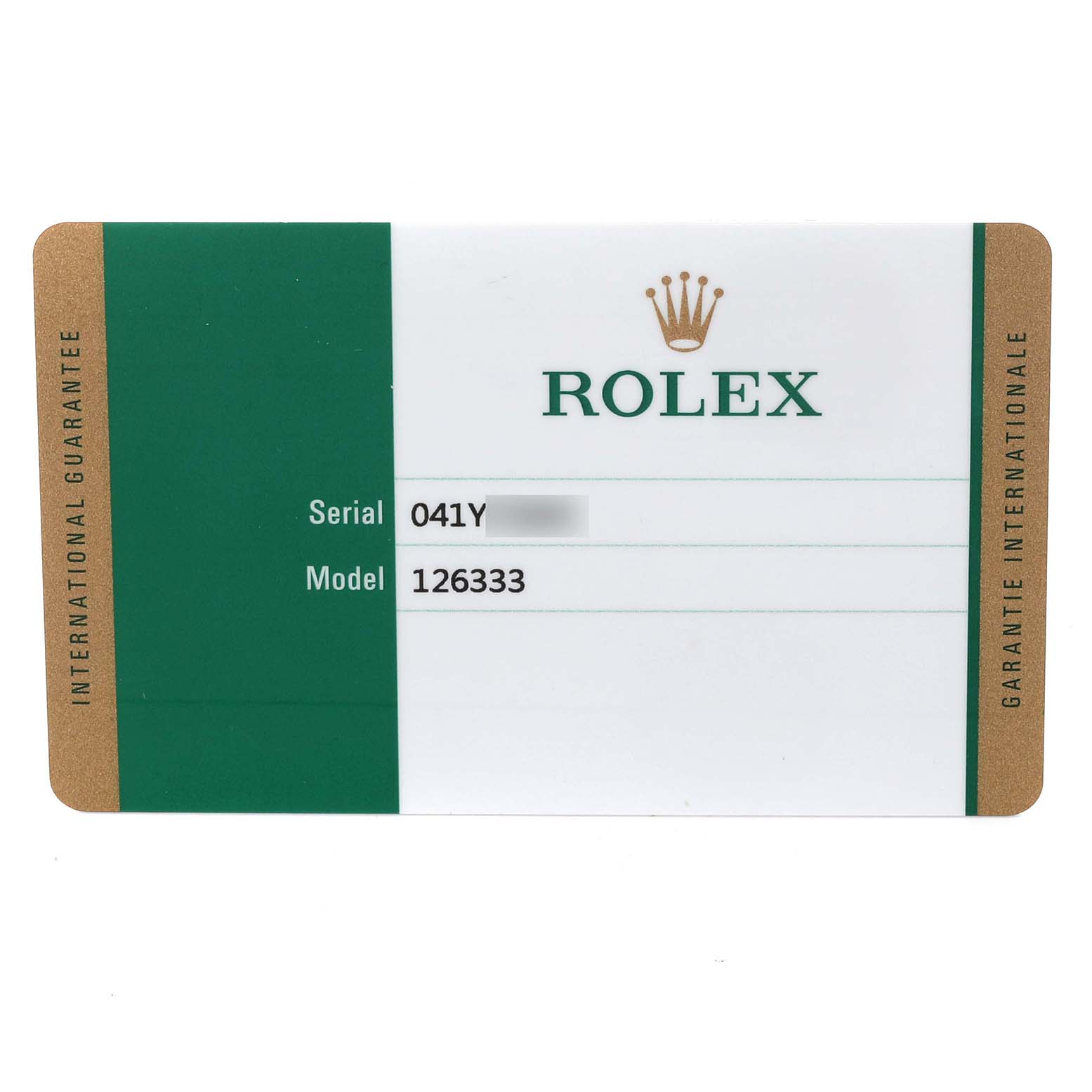 The image shows an ID card for a Rolex Datejust 41 126333 Men's Steel and Gold (two tone) Black Dial 126333 Men's Steel and Gold (two tone) Black Dial, displaying the serial and model numbers.