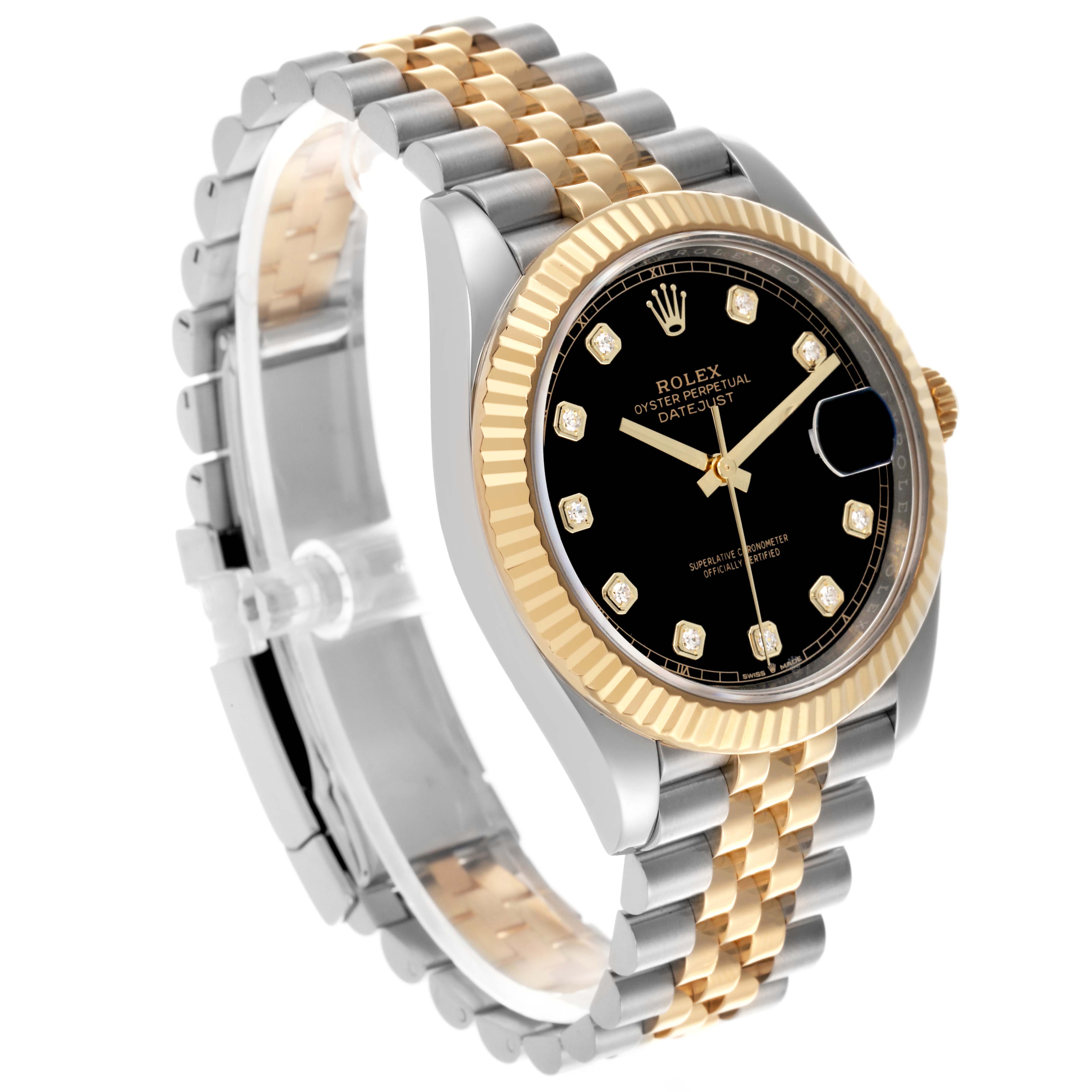 The Rolex Datejust 41 126333 Men's Steel and Gold (two tone) Black Dial 126333 Men's Steel and Gold (two tone) Black Dial watch is shown at a three-quarter angle, displaying its Jubilee bracelet, fluted bezel, and diamond hour markers.