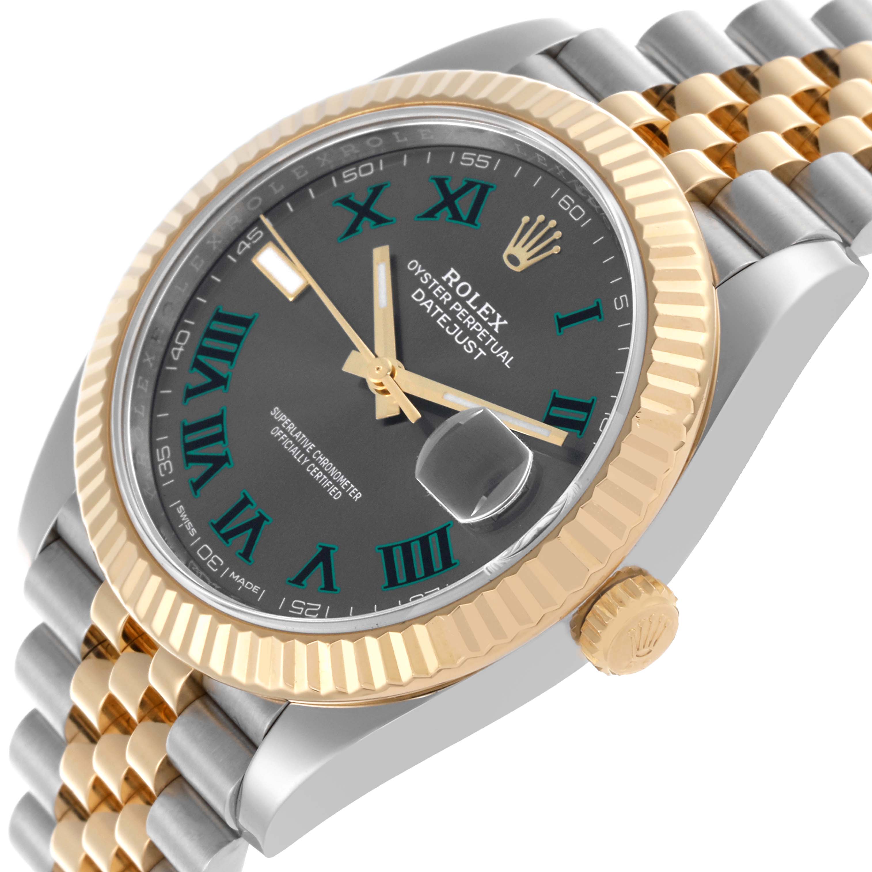 The Rolex Datejust 41 126333 Men's Steel and Gold (two tone) Grey Dial 126333 Men's Steel and Gold (two tone) Grey Dial watch is shown from a side angle highlighting the bezel, crown, dial, and part of the bracelet.