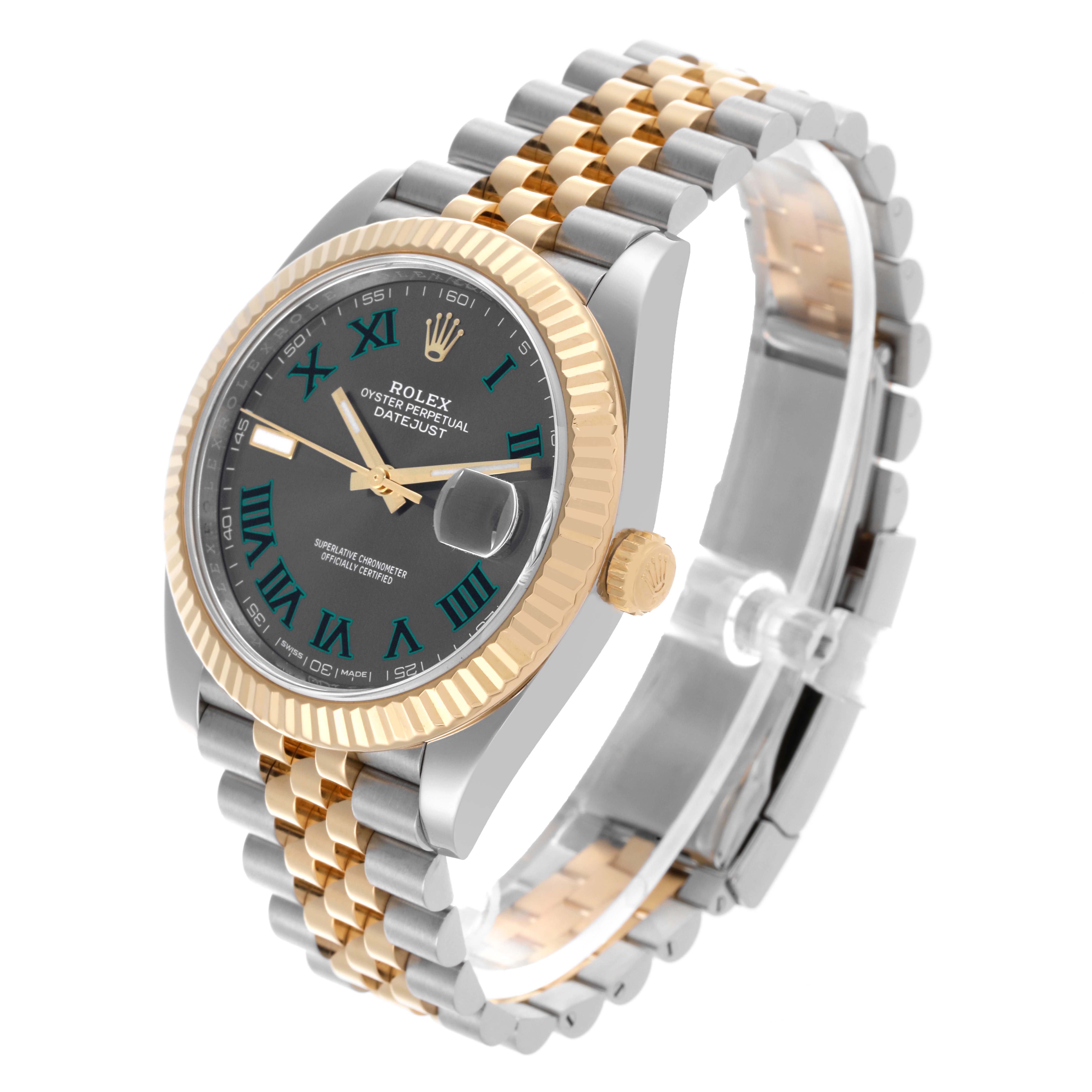 The Rolex Datejust 41 126333 Men's Steel and Gold (two tone) Grey Dial 126333 Men's Steel and Gold (two tone) Grey Dial watch is shown at a three-quarter angle, highlighting its bezel, dial, crown, and two-tone bracelet.