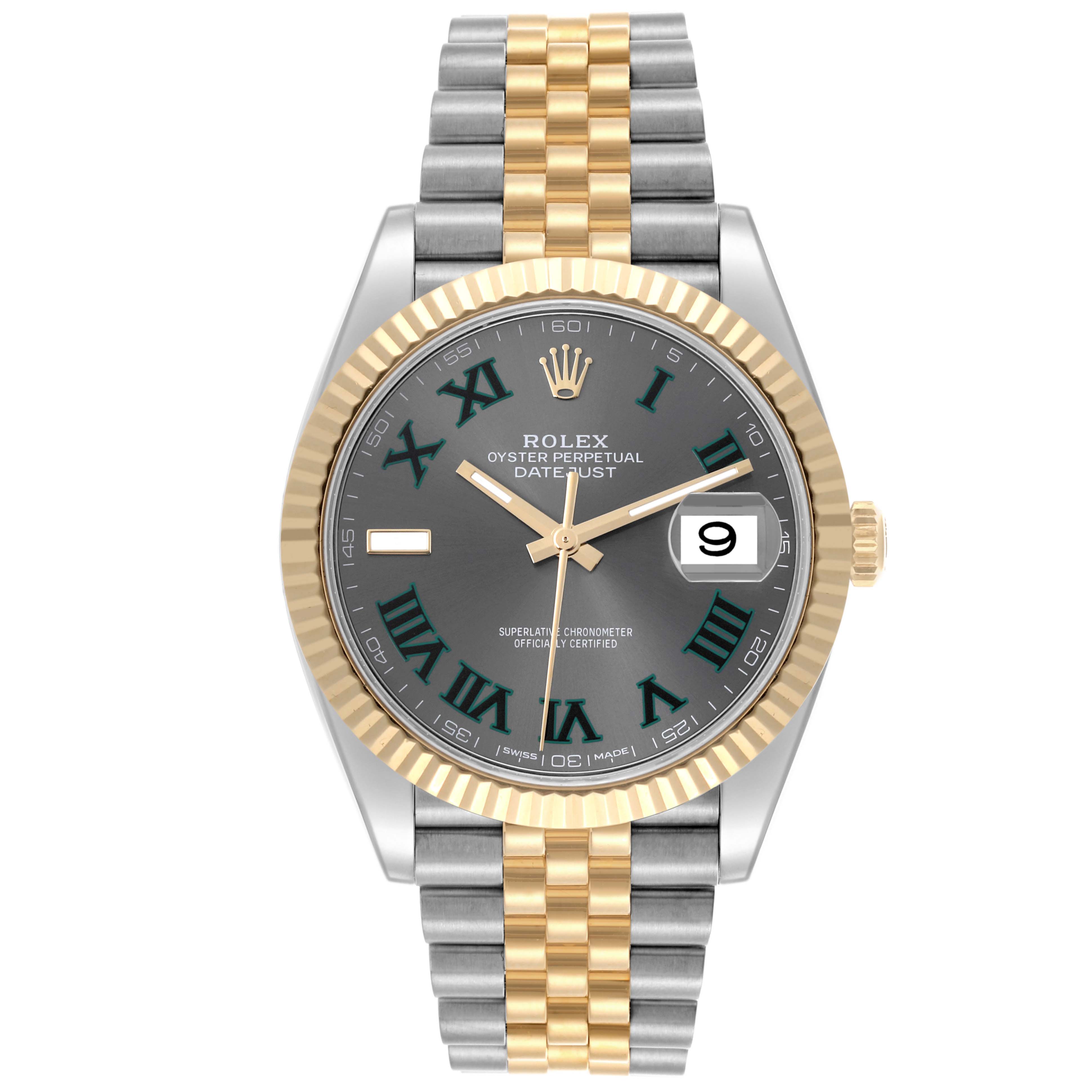 The Rolex Datejust 41 126333 Men's Steel and Gold (two tone) Grey Dial 126333 Men's Steel and Gold (two tone) Grey Dial watch is shown from the front, displaying its dial, bezel, case, crown, and two-tone bracelet.