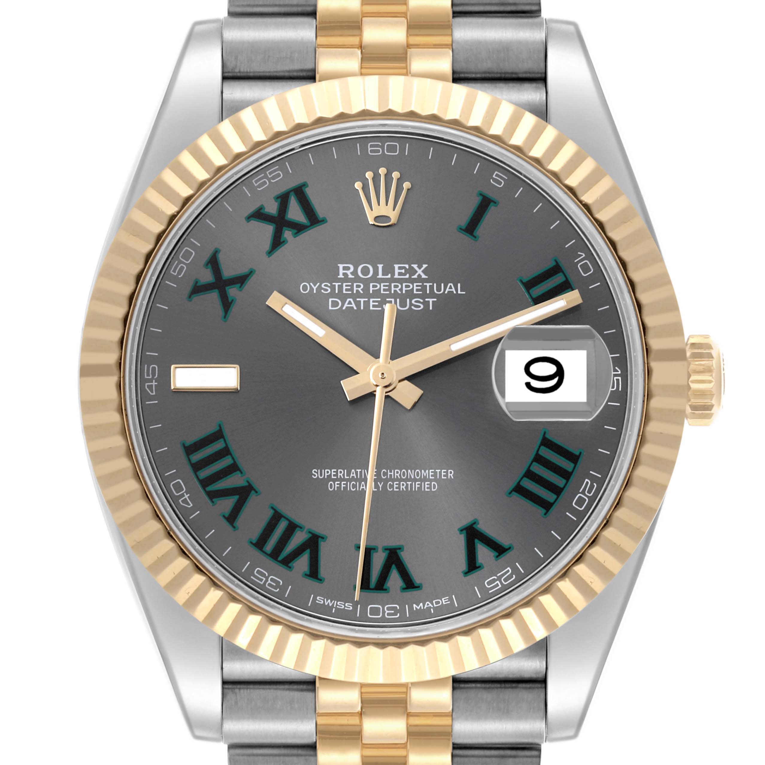 The Rolex Datejust 41 126333 Men's Steel and Gold (two tone) Grey Dial 126333 Men's Steel and Gold (two tone) Grey Dial is shown from the front, highlighting the dial, bezel, crown, and bracelet.