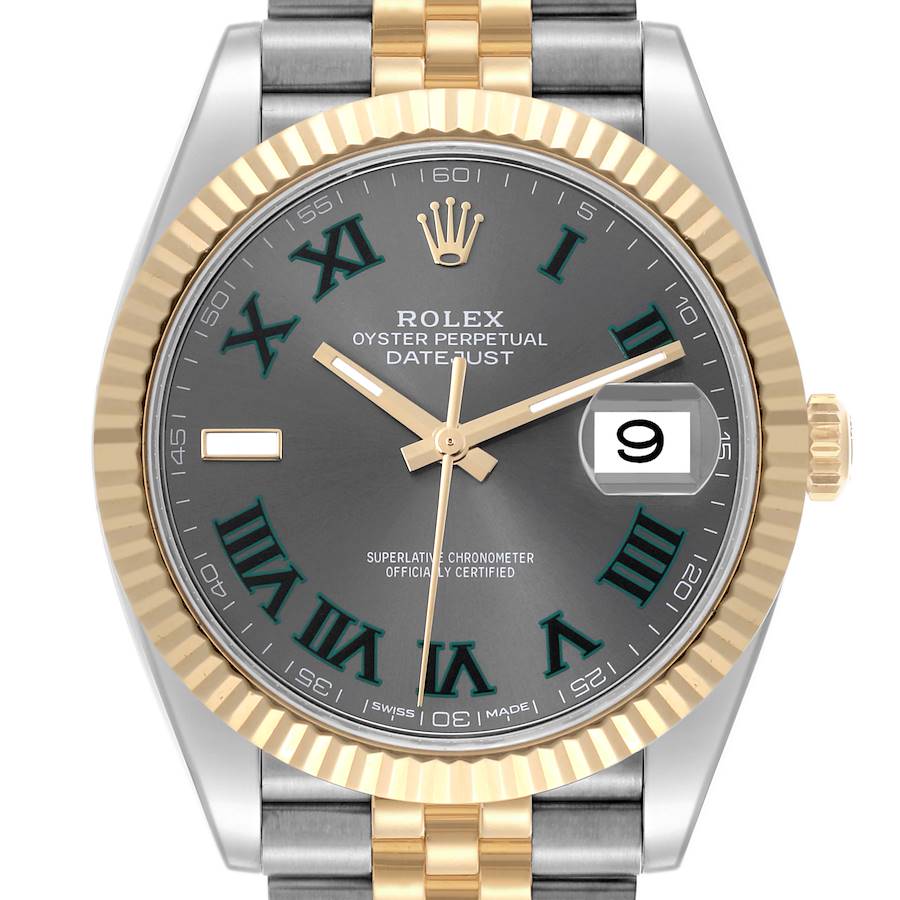 The Rolex Datejust 41 is shown from the front, highlighting the dial, bezel, crown, and bracelet.