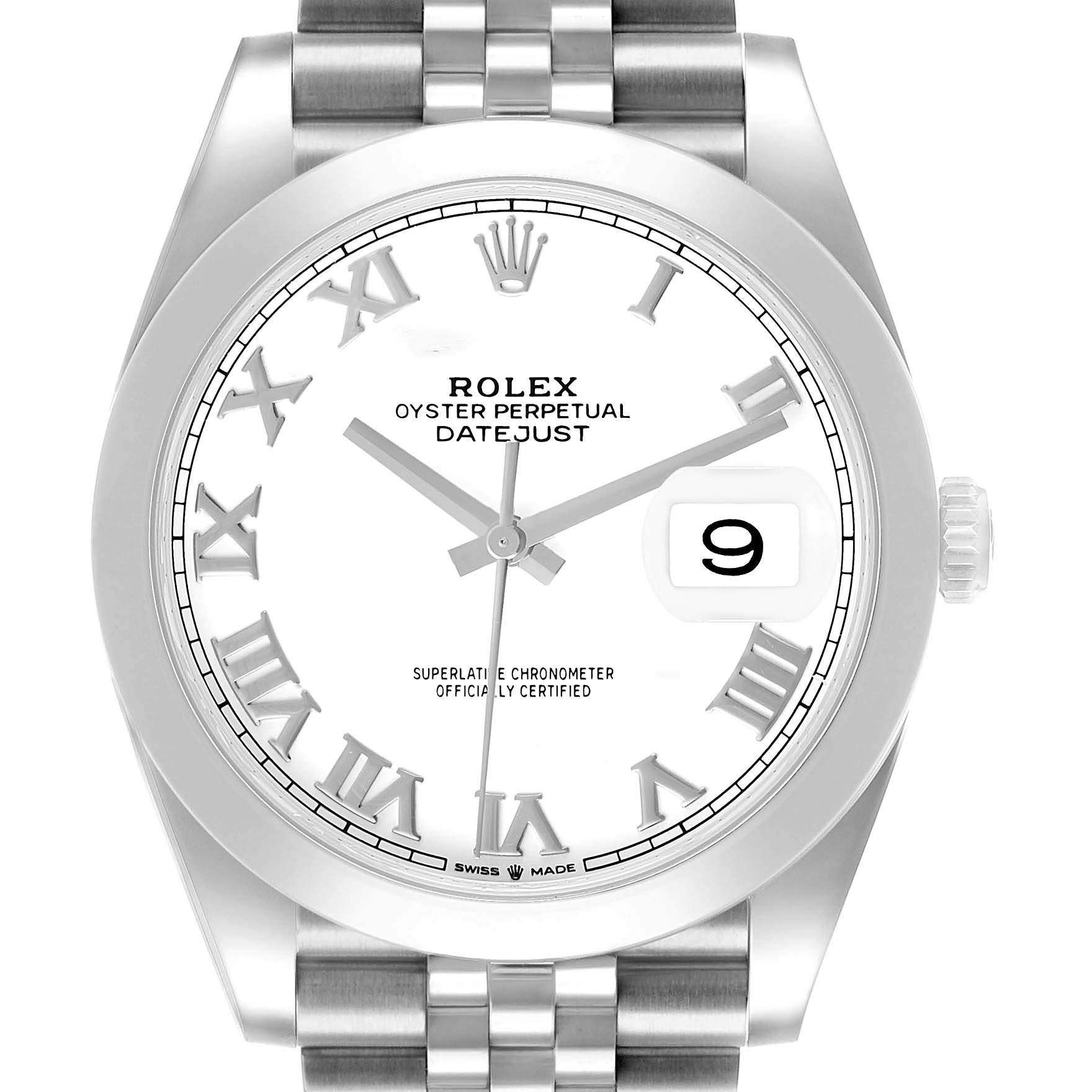 The Rolex Datejust 41 126300 Men's Stainless Steel White Dial is shown from a front angle, highlighting its dial, bezel, bracelet, and crown.
