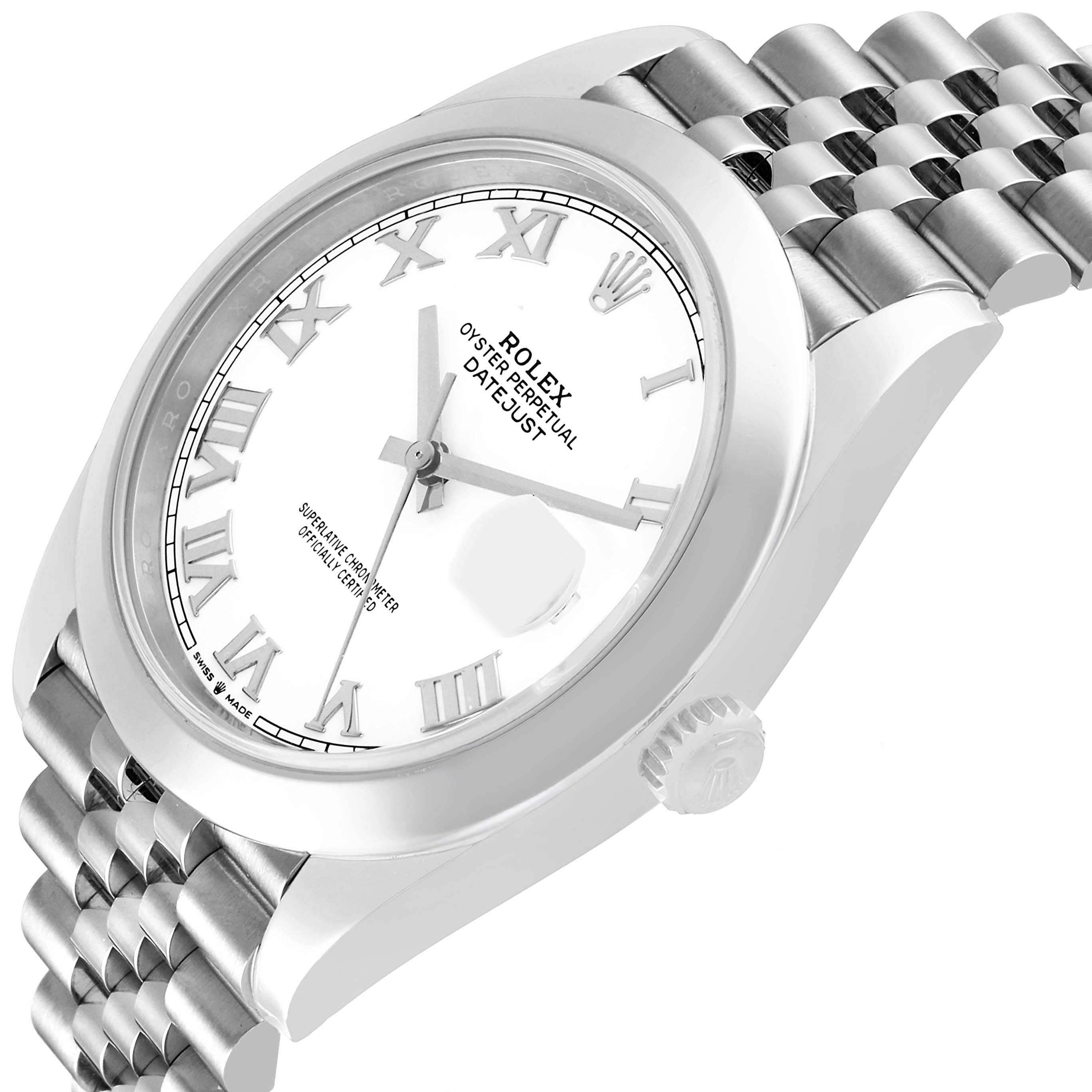 The image shows a Rolex Datejust 41 126300 Men's Stainless Steel White Dial from a slightly tilted side angle, displaying the dial, bezel, crown, and part of the bracelet.