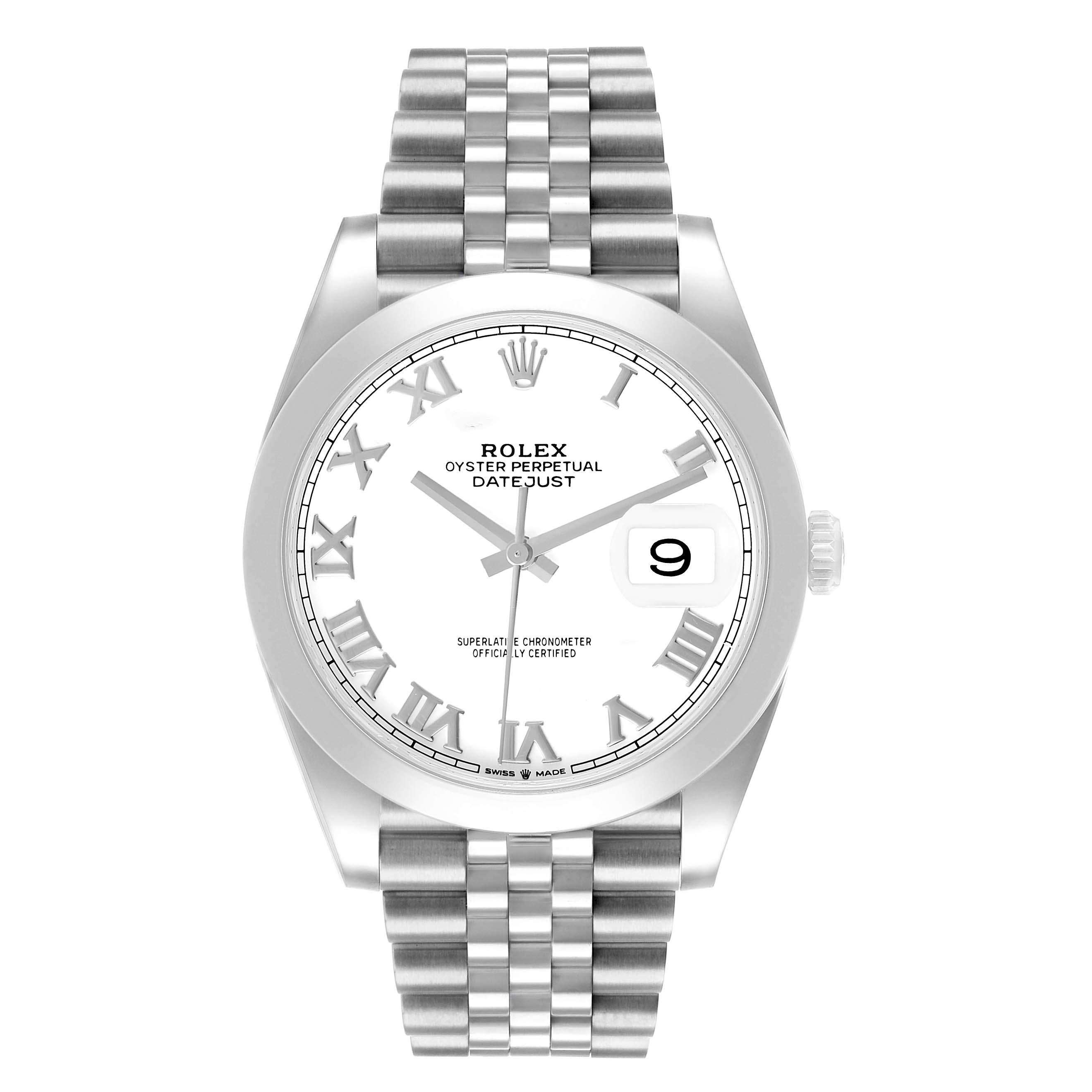 The image shows a Rolex Datejust 41 126300 Men's Stainless Steel White Dial watch from a front angle, highlighting the face, bracelet, and date feature.