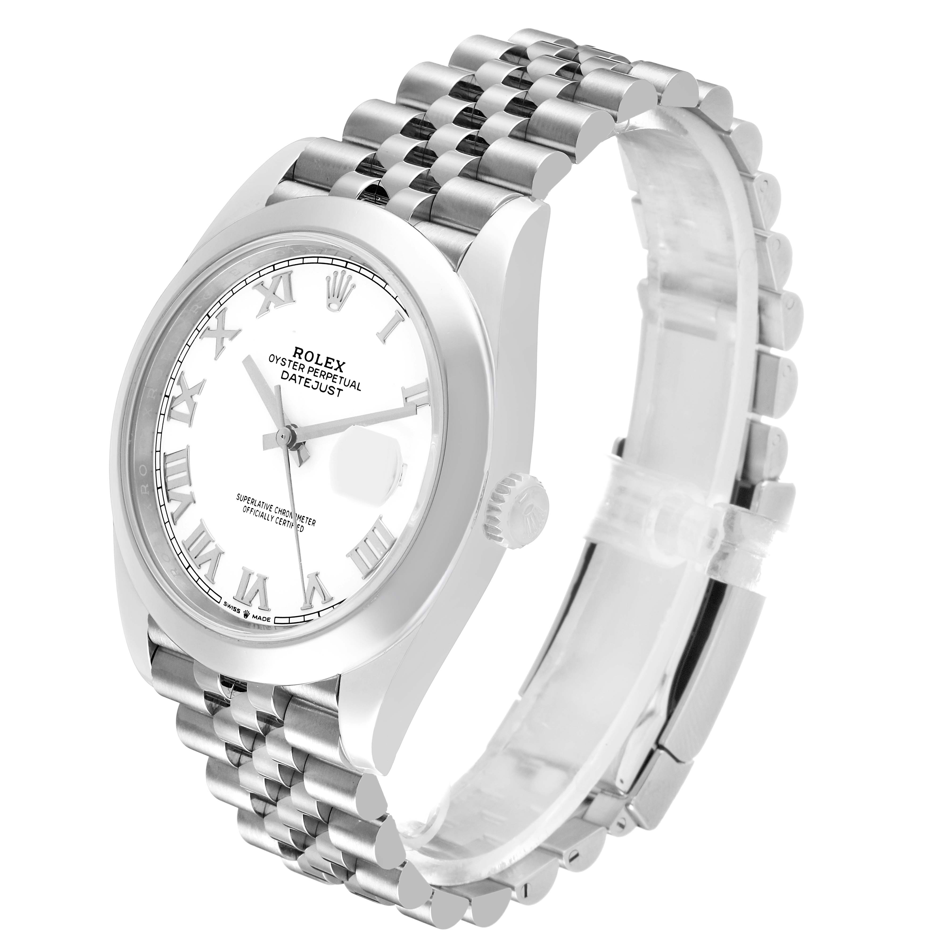 The Rolex Datejust 41 126300 Men's Stainless Steel White Dial watch is shown at an angle highlighting the face, bezel, crown, and part of the Jubilee bracelet.