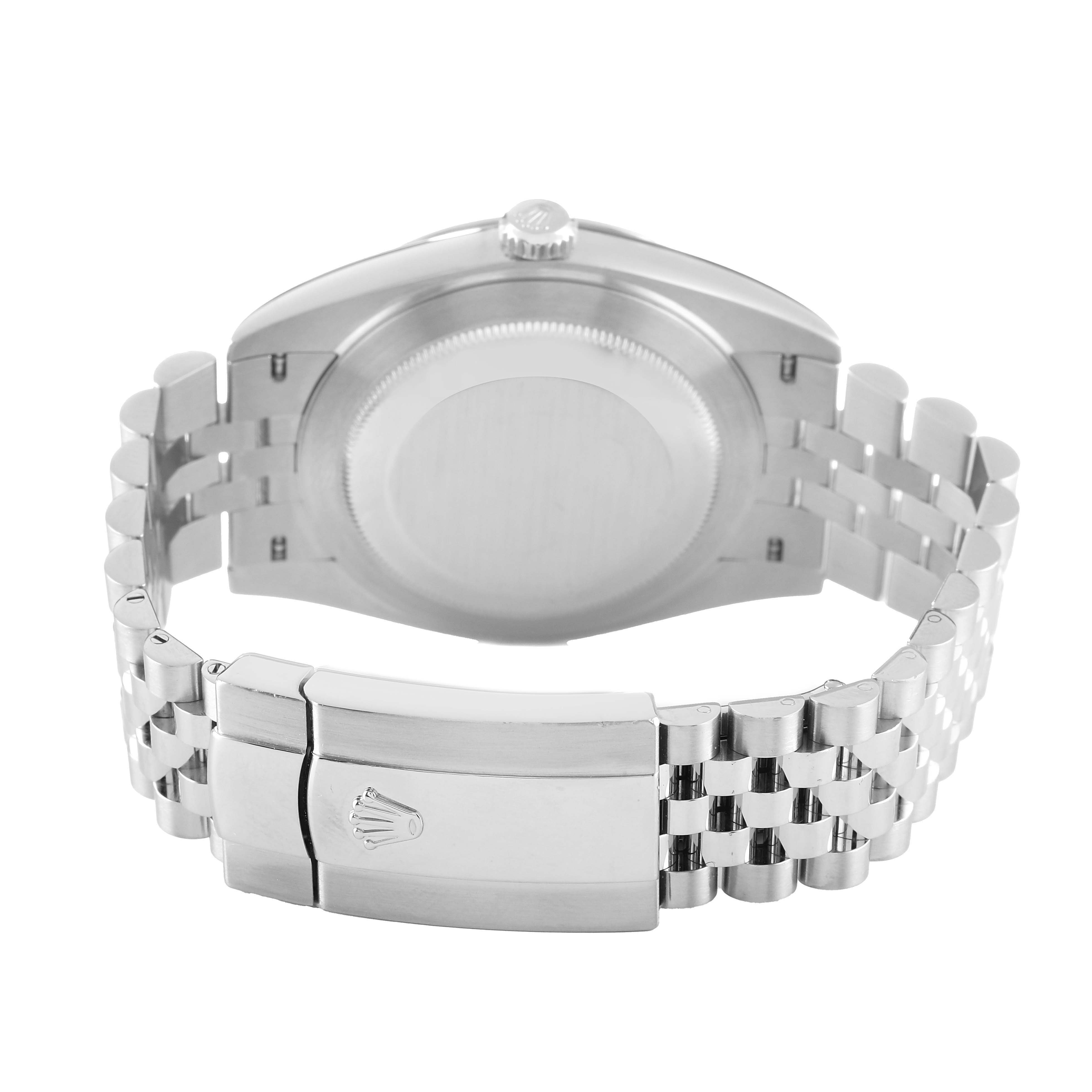 The image shows a Rolex Datejust 41 126300 Men's Stainless Steel White Dial from the back, highlighting the case back, crown, and Jubilee bracelet with clasp.