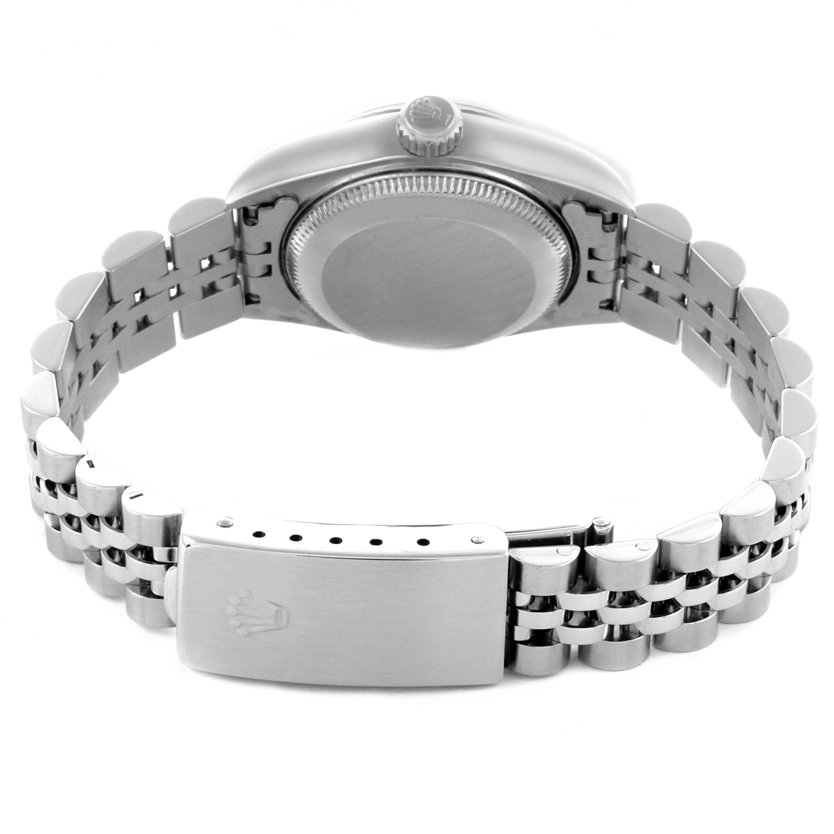 The image shows the back view of a Rolex Datejust 79174 Women's Stainless Steel Black Dial 79174 Women's Stainless Steel Black Dial, highlighting the case back and Jubilee bracelet with the clasp.