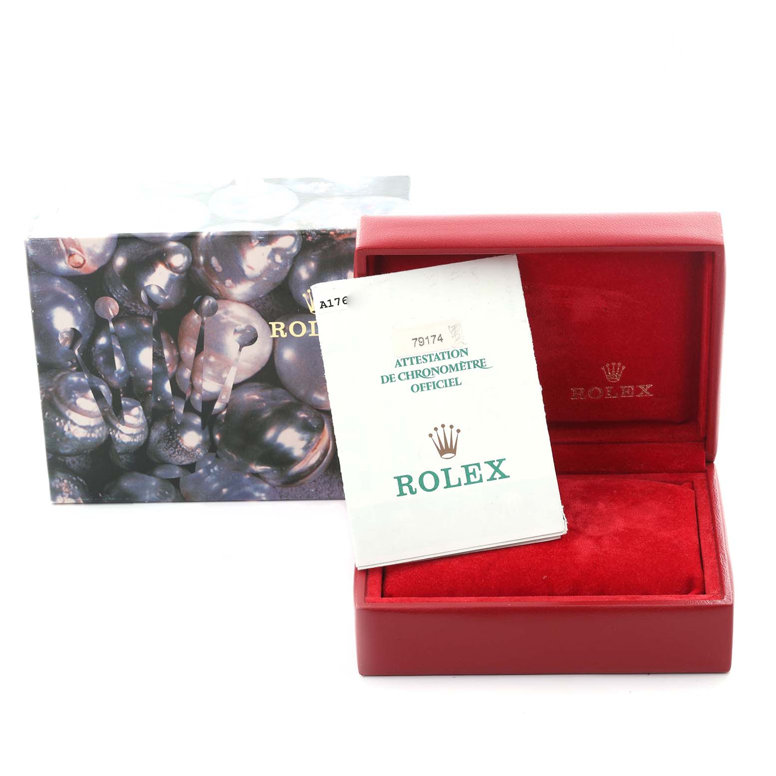 The image shows a Rolex Datejust 79174 Women's Stainless Steel Black Dial 79174 Women's Stainless Steel Black Dial box with certification and packaging, viewed from the front.