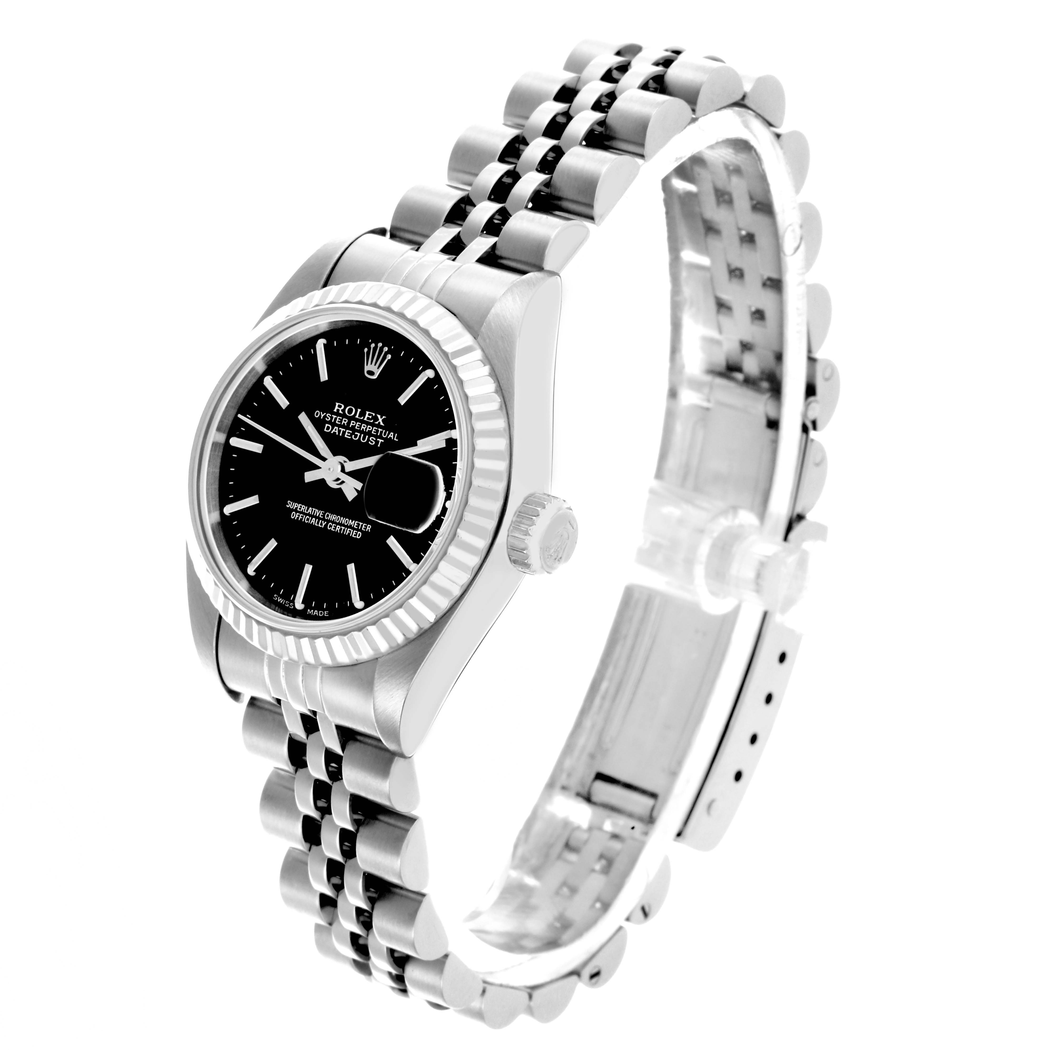 The Rolex Datejust 79174 Women's Stainless Steel Black Dial 79174 Women's Stainless Steel Black Dial watch is shown at an angle highlighting the face, bezel, crown, and bracelet.